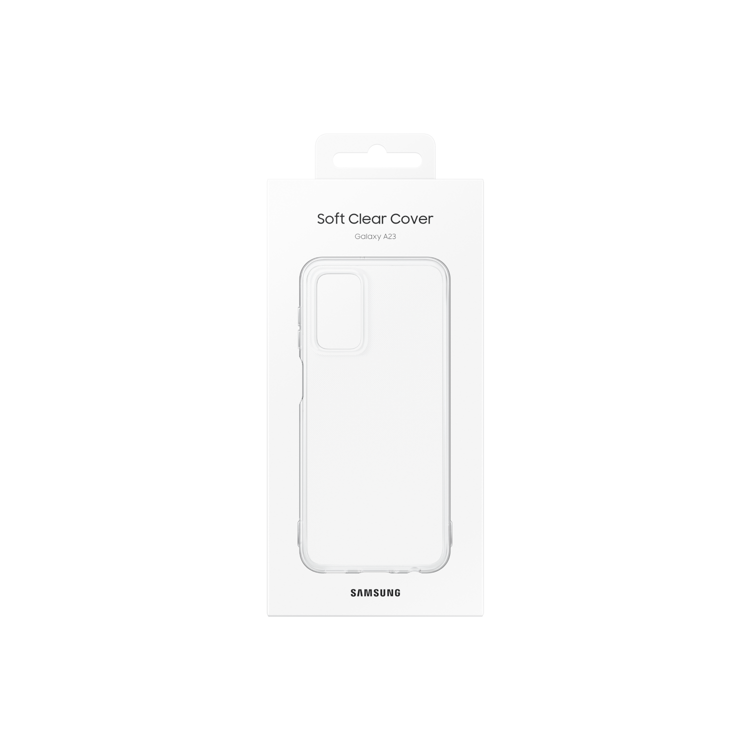 Una funda transparente para teléfono en una caja blanca. La caja tiene la marca Samsung y texto 'Soft Clear Cover'.