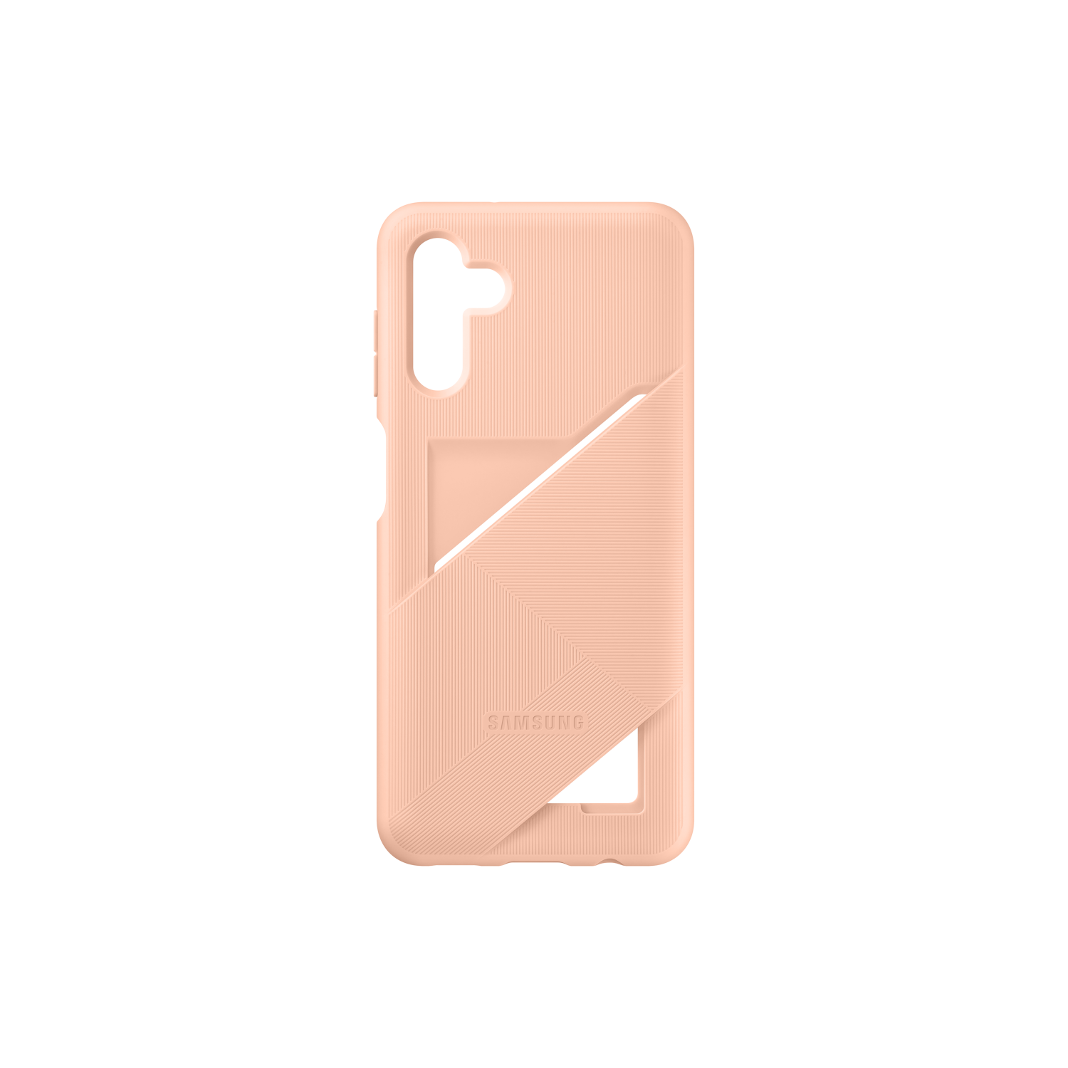 Hellrosa Handyhülle mit strukturierter Oberfläche und diagonalem Taschen-Design.