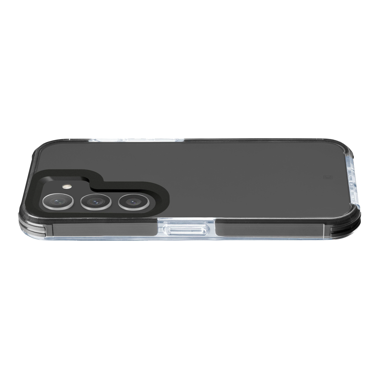 Un smartphone negro dentro de una funda protectora transparente, mostrando tres cámaras.