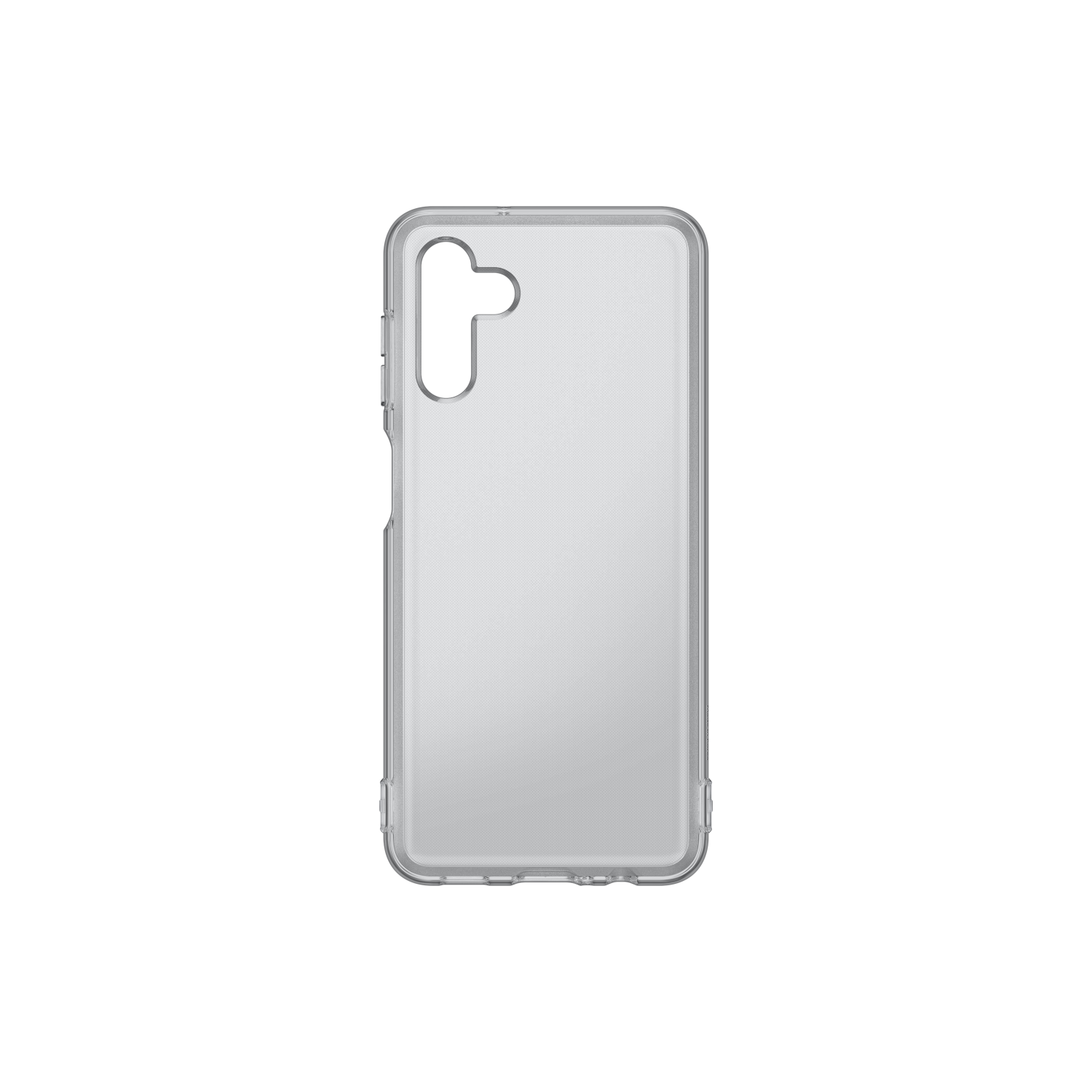 Custodia per telefono trasparente. Sfondo nero. La custodia ha un foro per la fotocamera.