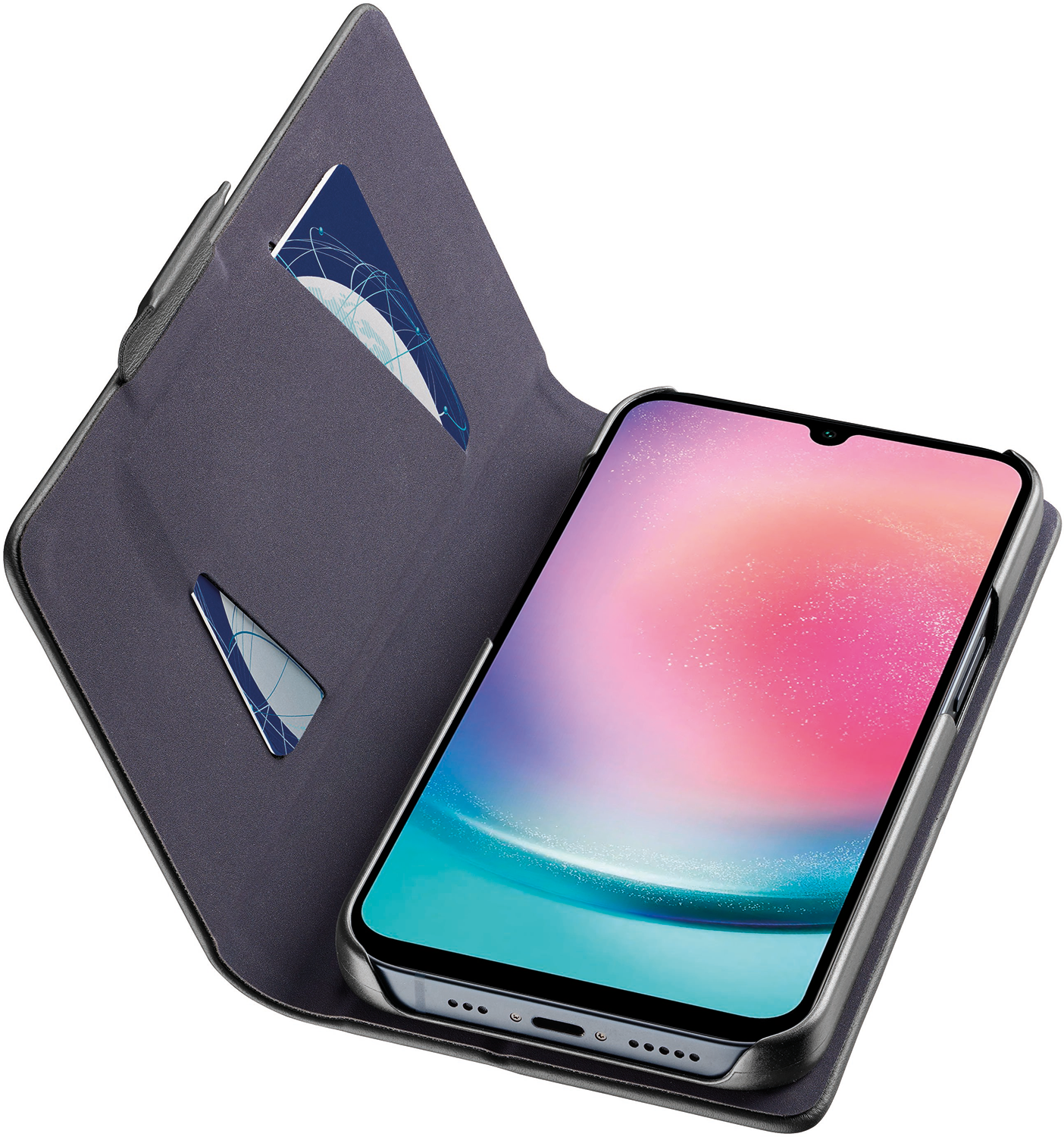Telefono in una custodia a libro. La custodia è aperta con uno slot per carte di credito. Lo schermo del telefono è acceso.