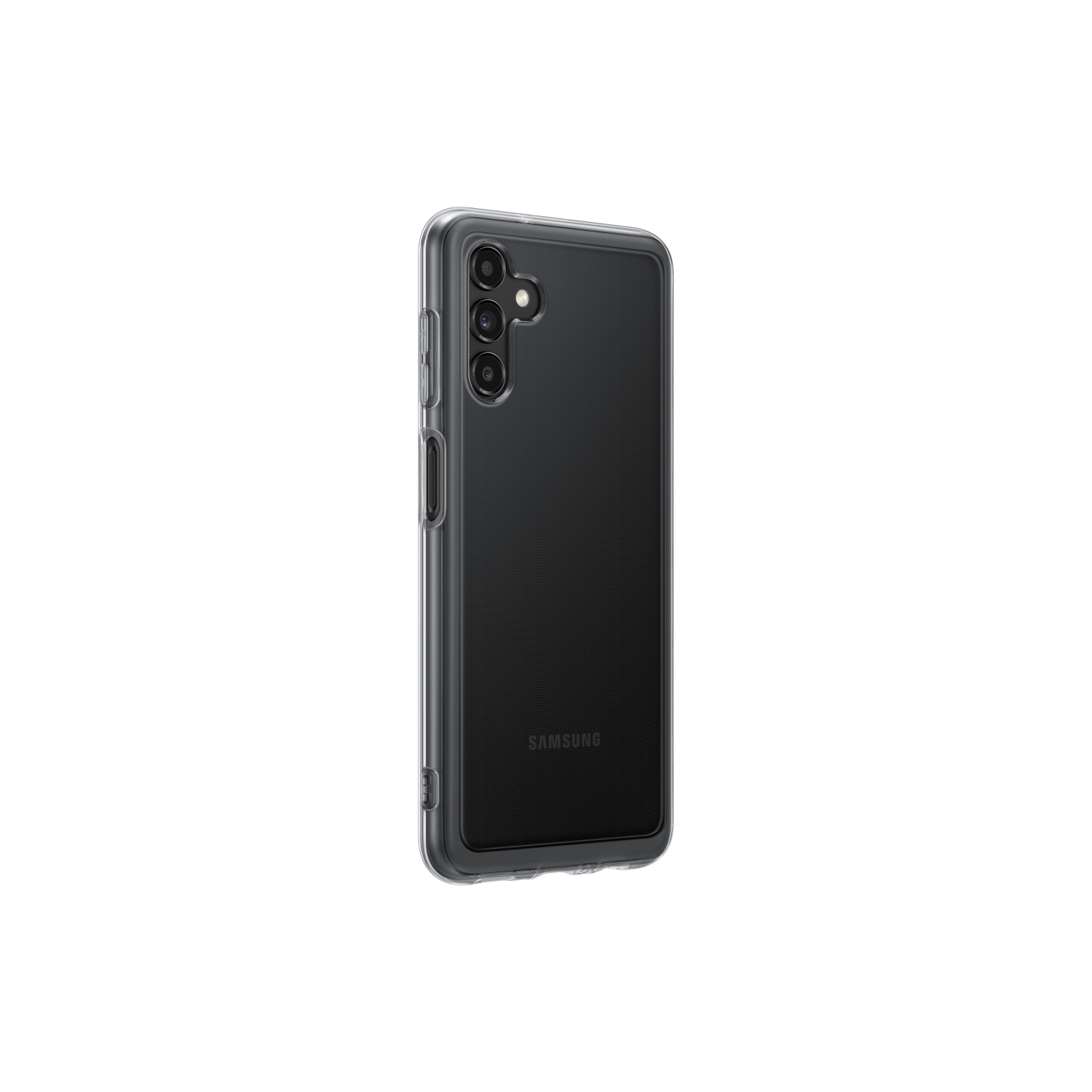 Ein schwarzes Telefon mit einer transparenten Handyhülle, die die Rückseite des Telefons zeigt. Die Hülle hat ein Schutzdesign.