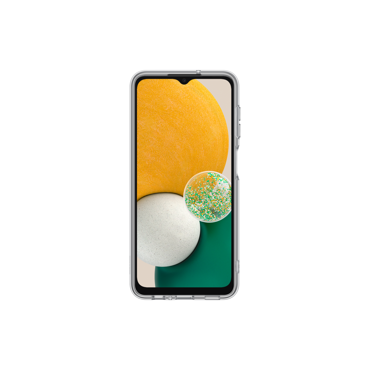 Smartphone mit gelb-grünem Hintergrund, in einer transparenten Hülle.