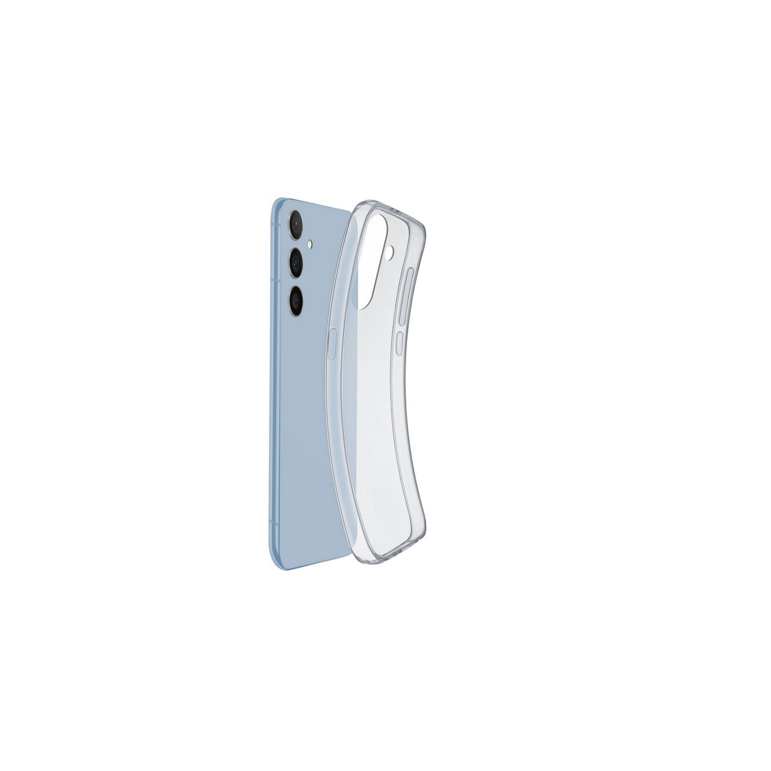 Telefono azzurro con una custodia trasparente sul retro, che mostra il design del telefono.