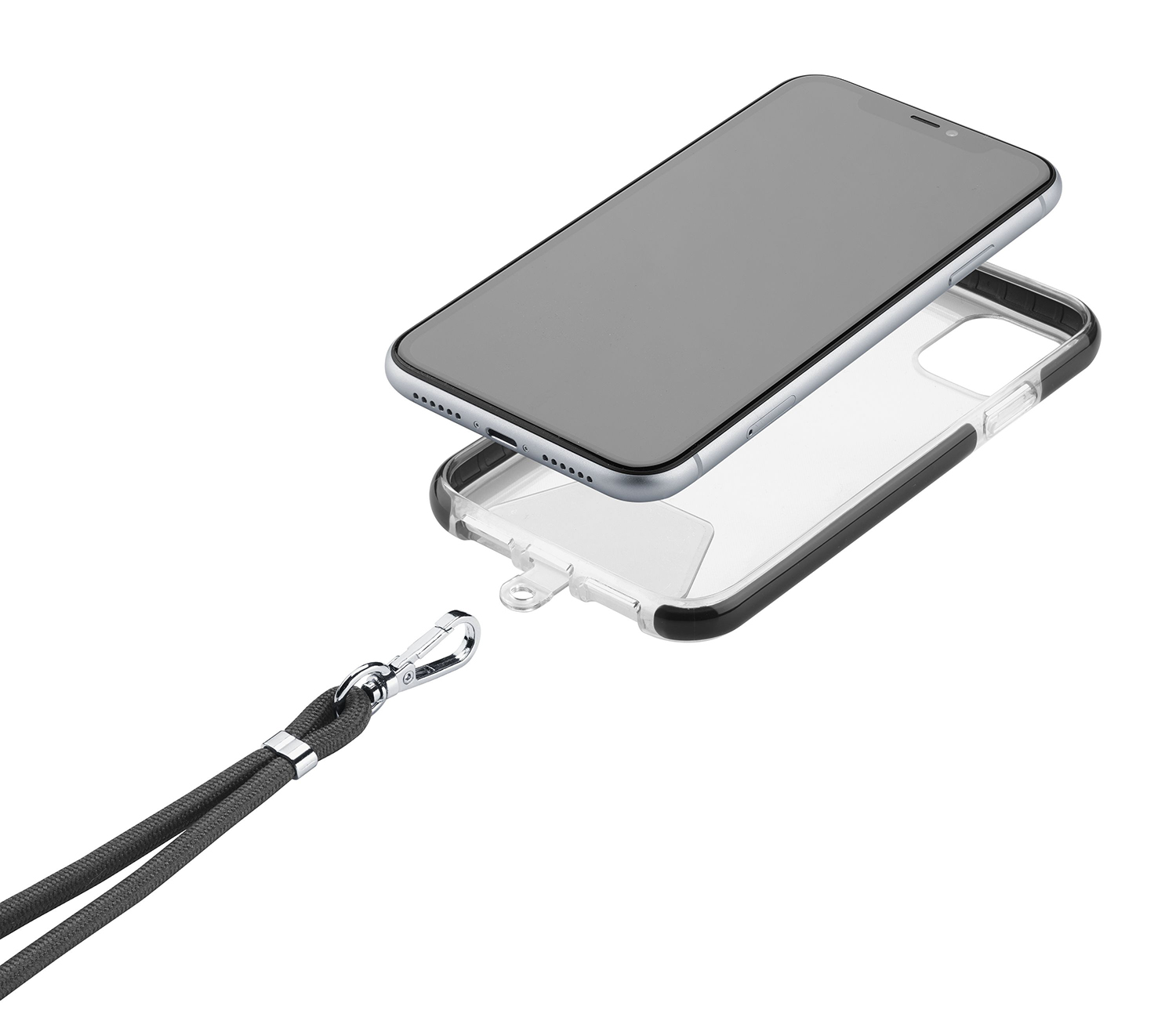 Telefon, Hülle und Lanyard auf weißem Grund.