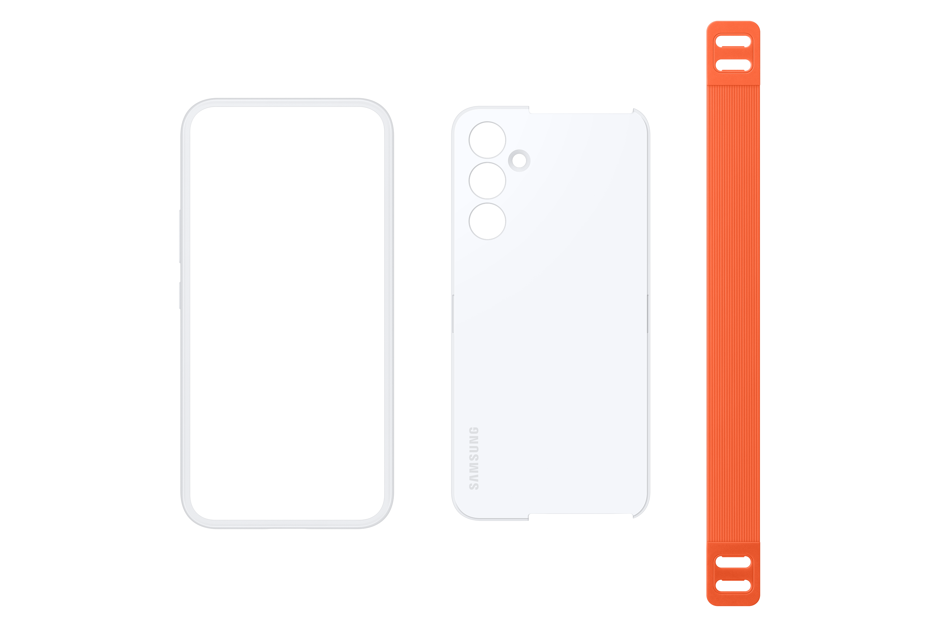 Een witte telefoonhoes en een telefooncontour, met een oranje band. Het Samsung-logo staat op de hoes.