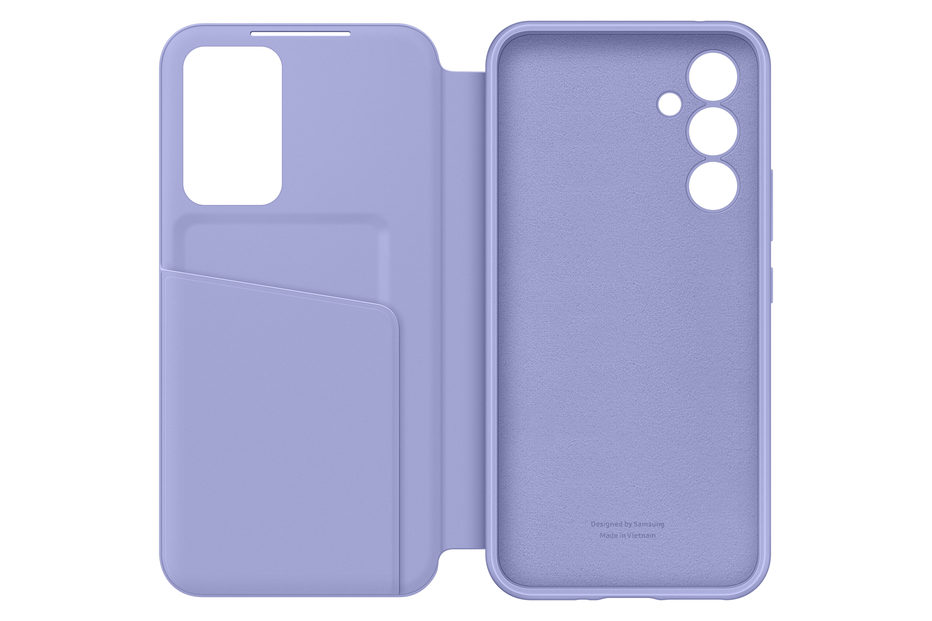 Etui na telefon z lawendowym wnętrzem i kieszenią, otwarte. Białe tło.