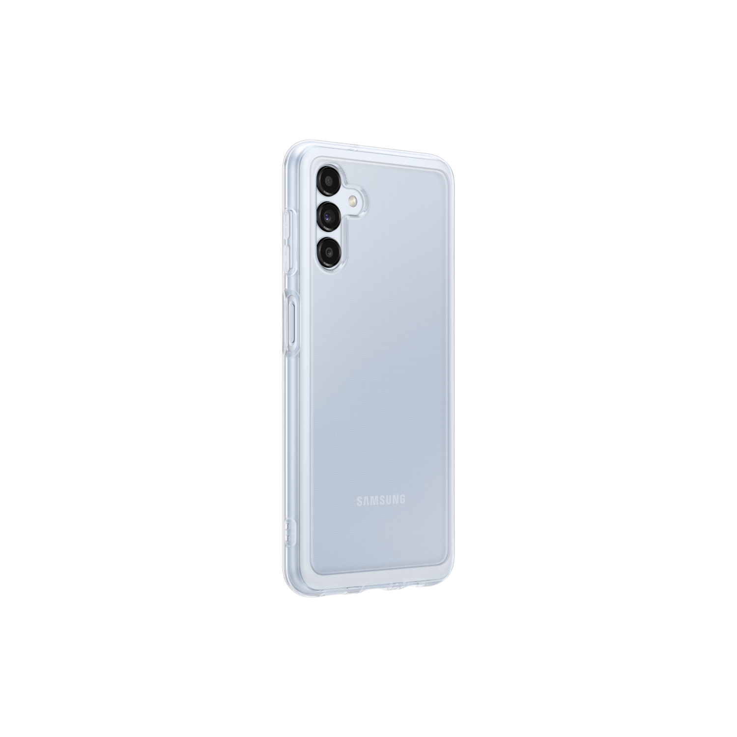 Un teléfono azul claro dentro de una funda transparente. El teléfono tiene tres cámaras. El fondo es negro.