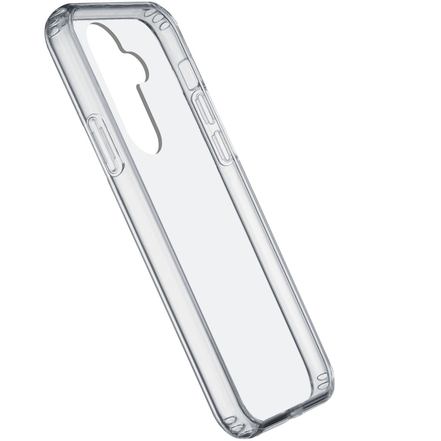 Eine transparente Handyhülle. Sie ist transparent und bedeckt Rückseite und Seiten.
