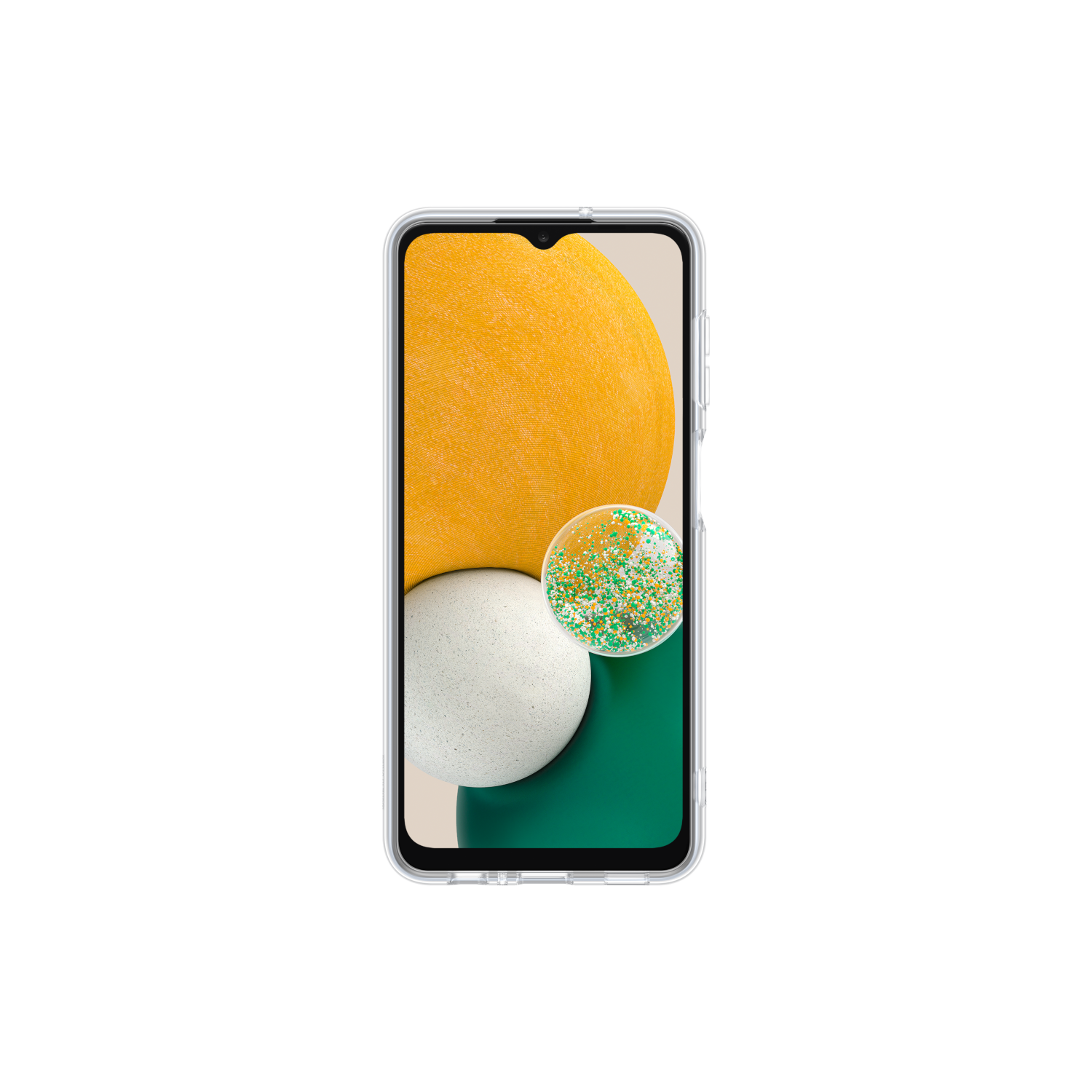 Smartphone con funda transparente, con fondo abstracto amarillo y verde.