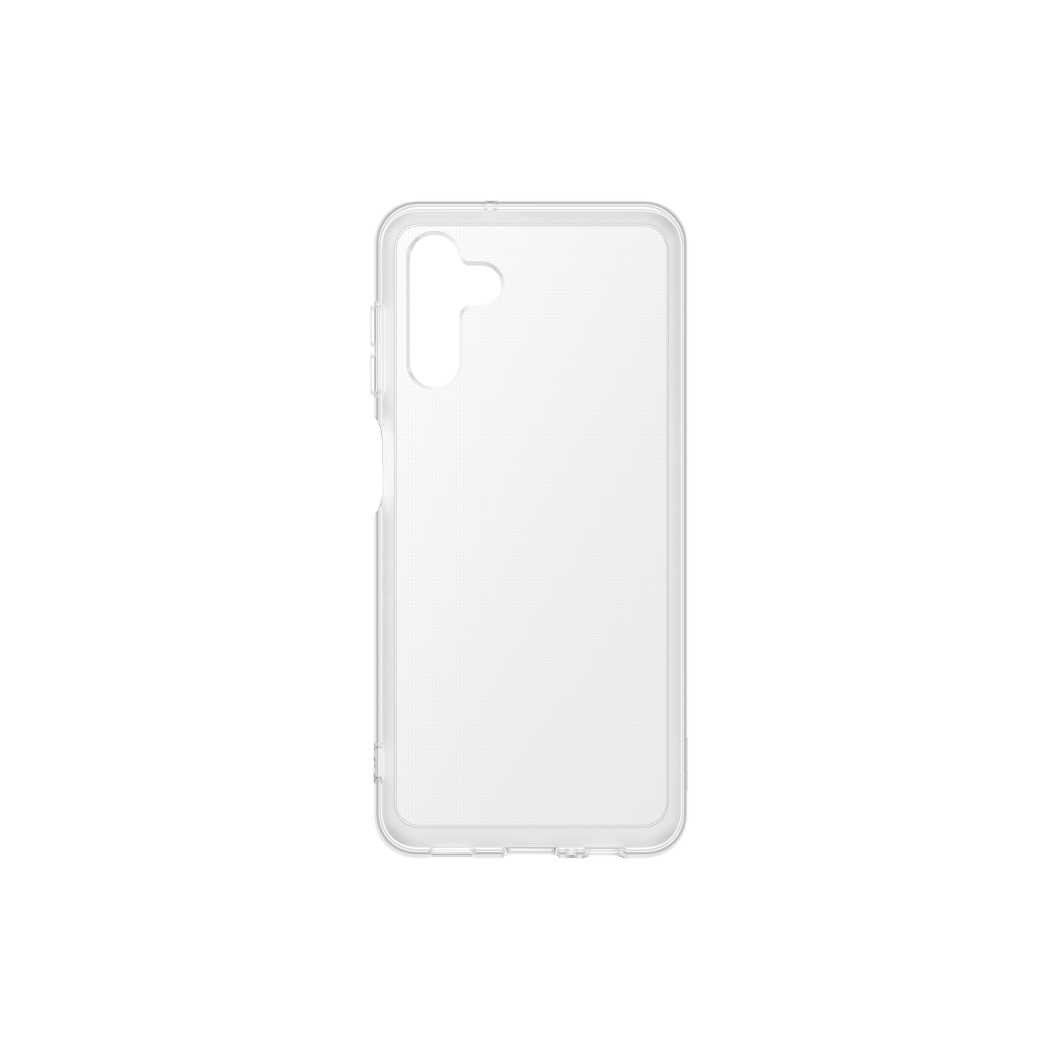 Funda de teléfono blanca, borde transparente, sobre fondo negro.
