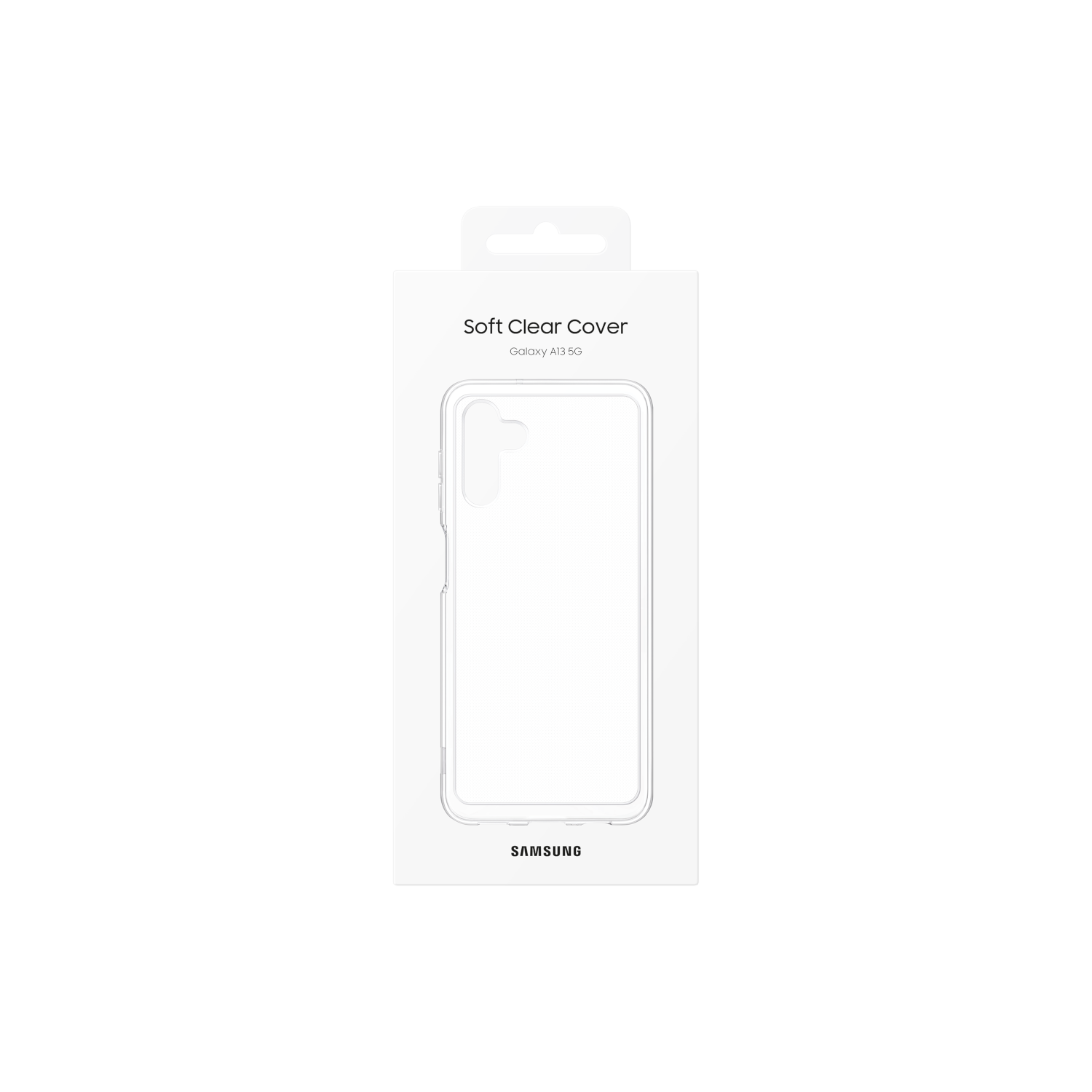 Caja blanca con una funda transparente para teléfono dentro, etiquetada como 'Soft Clear Cover'. Marca Samsung visible.