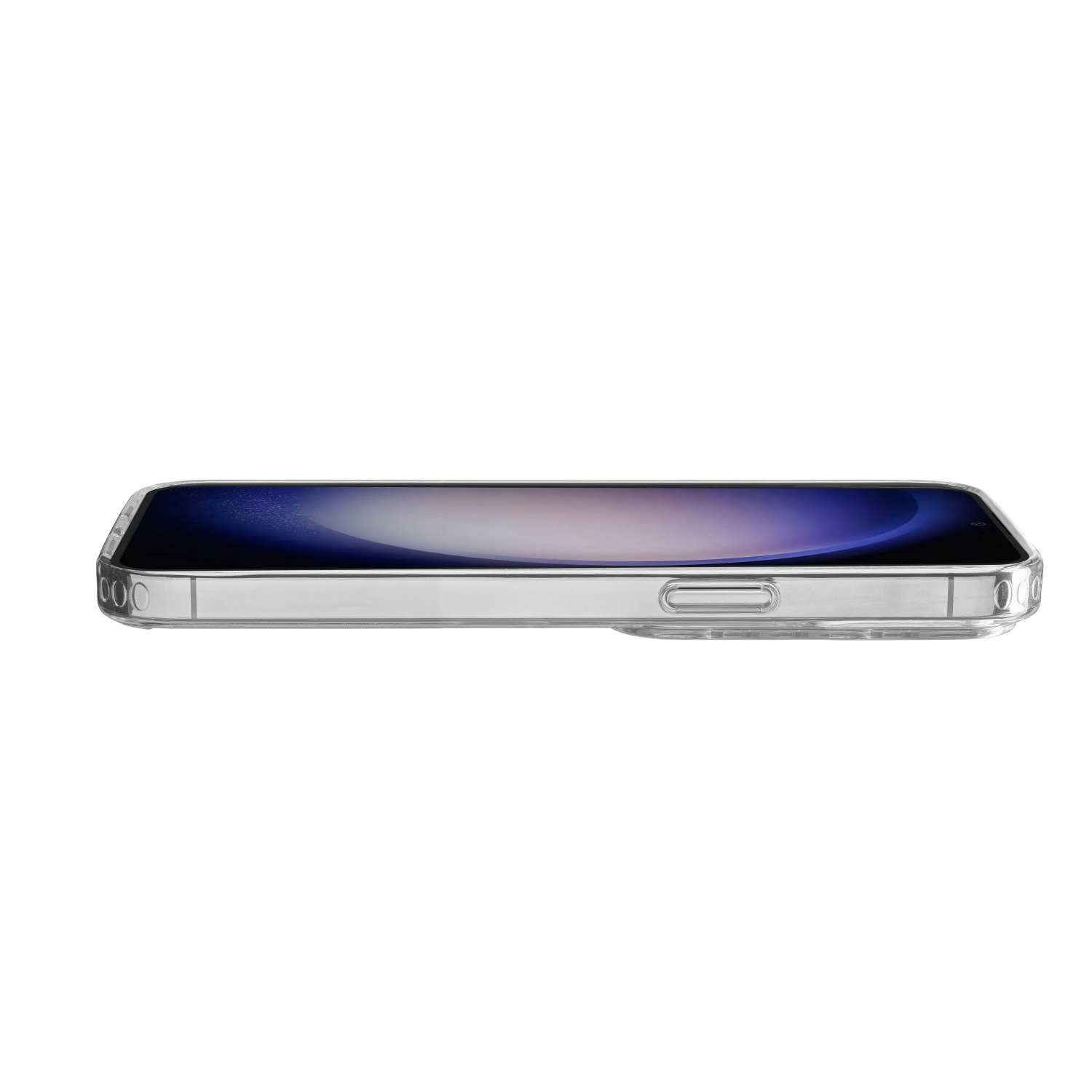 Funda transparente para teléfono. Tiene una pantalla en la parte delantera.