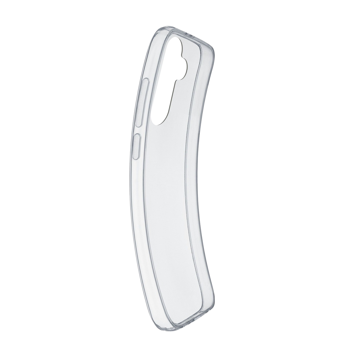 Custodia trasparente per telefono con fori per fotocamera e pulsanti, isolata.