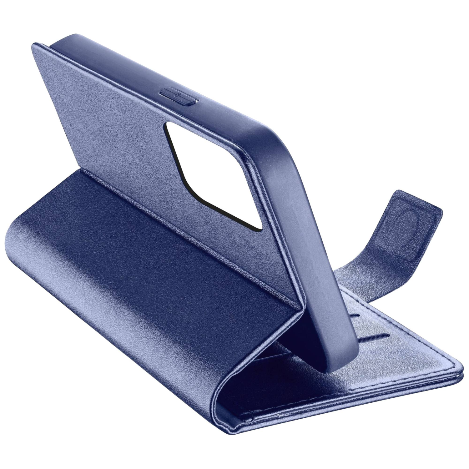 Blaue Handyhülle, geöffnet, mit Telefonschacht und Kartenfächern.