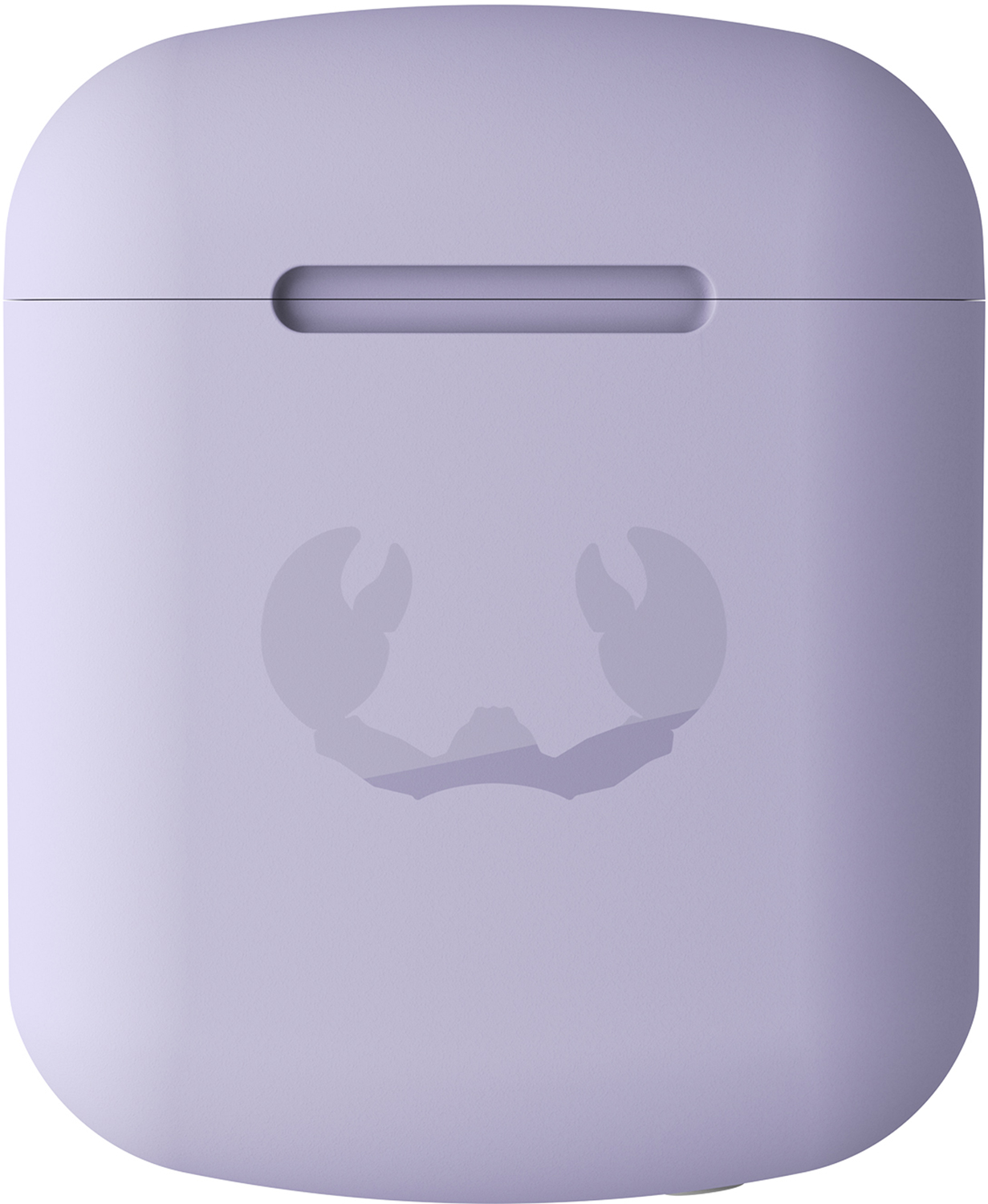 Beyaz zemin üzerinde izole edilmiş, yengeç logosu olan lila AirPods kılıfı.