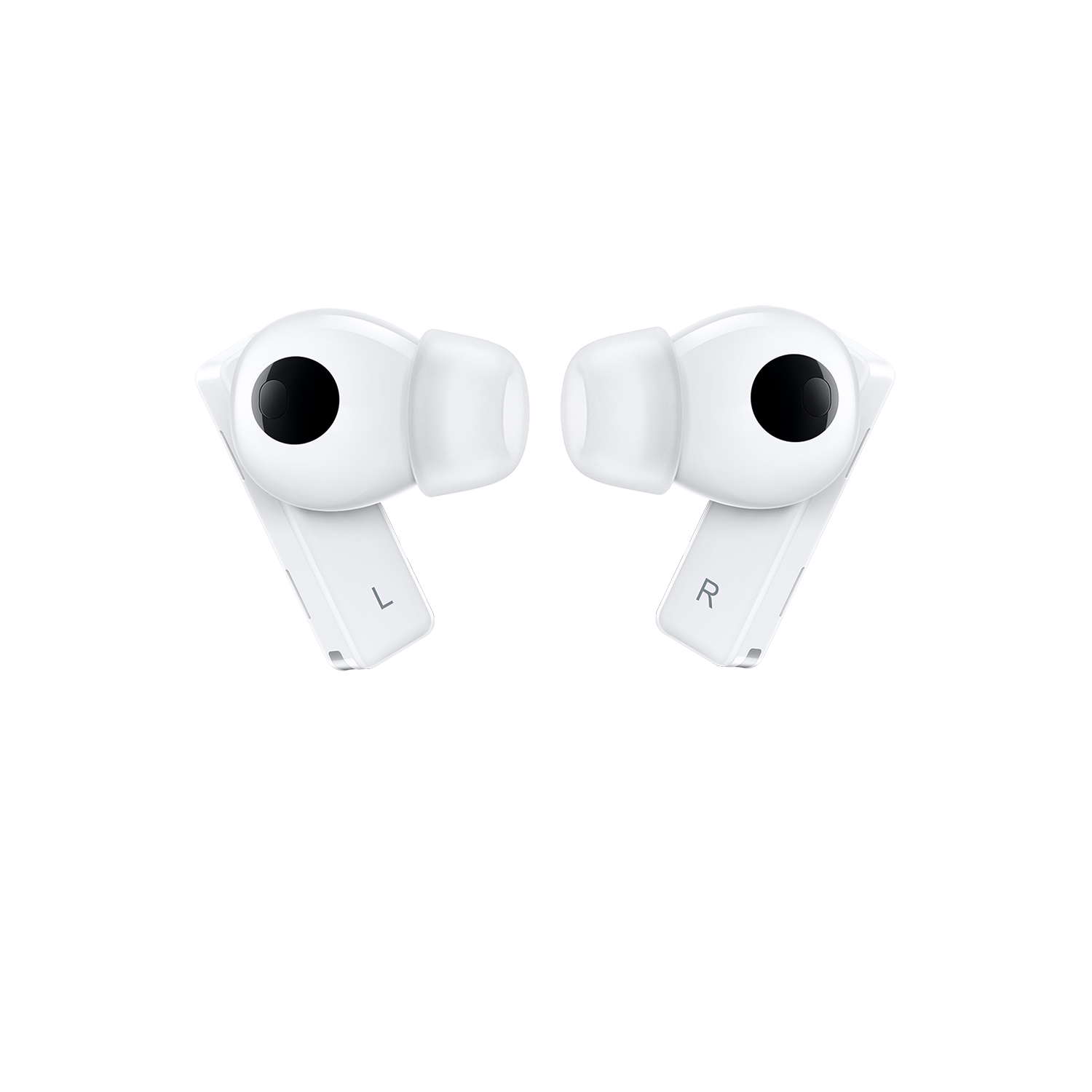 Białe słuchawki douszne z czarnymi osłonami głośników, oznaczone 'L' i 'R'. Czarne tło.