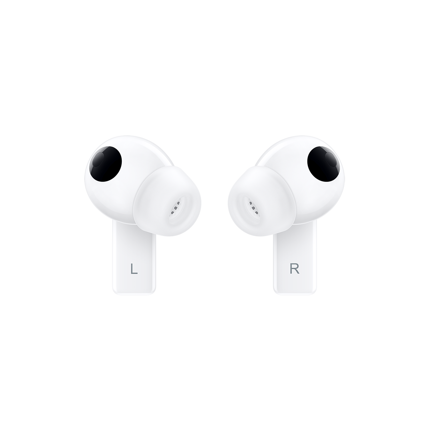 Dwie białe słuchawki douszne z czarnymi okrągłymi obszarami, oznaczone jako 'L' i 'R', na czarnym tle.