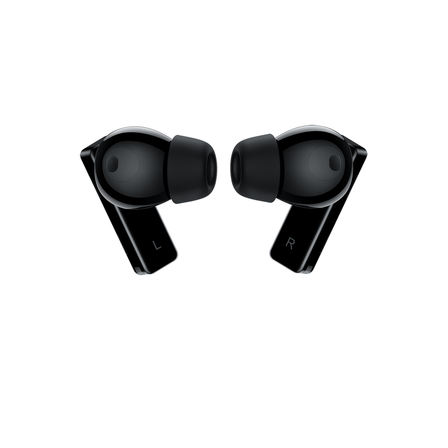 Dos auriculares inalámbricos negros. Los auriculares izquierdo y derecho están etiquetados.