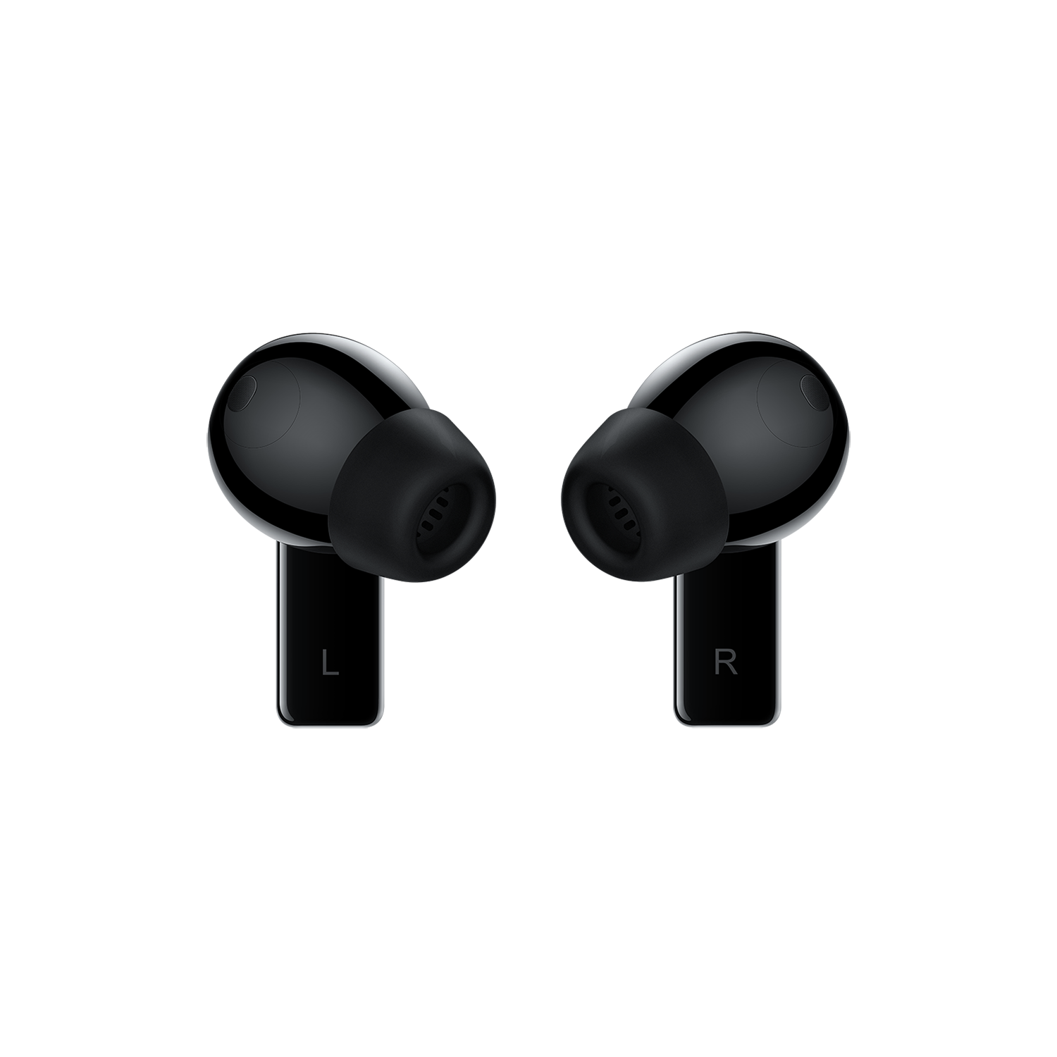 Dos auriculares inalámbricos negros, con letras 'L' y 'R', sobre un fondo negro.