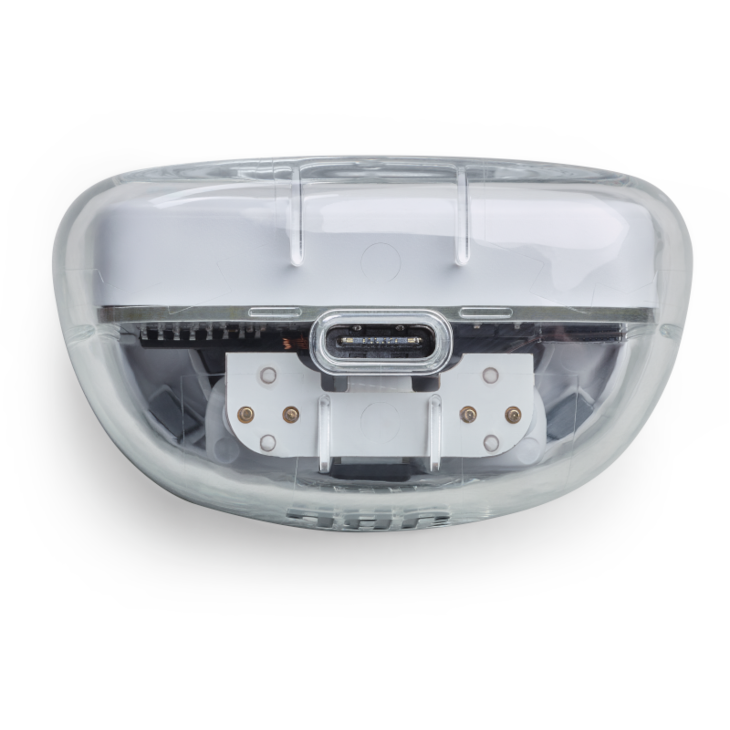 Ein klarer iMac-Computer. Der Boden zeigt die inneren Komponenten durch die transparente Hülle.