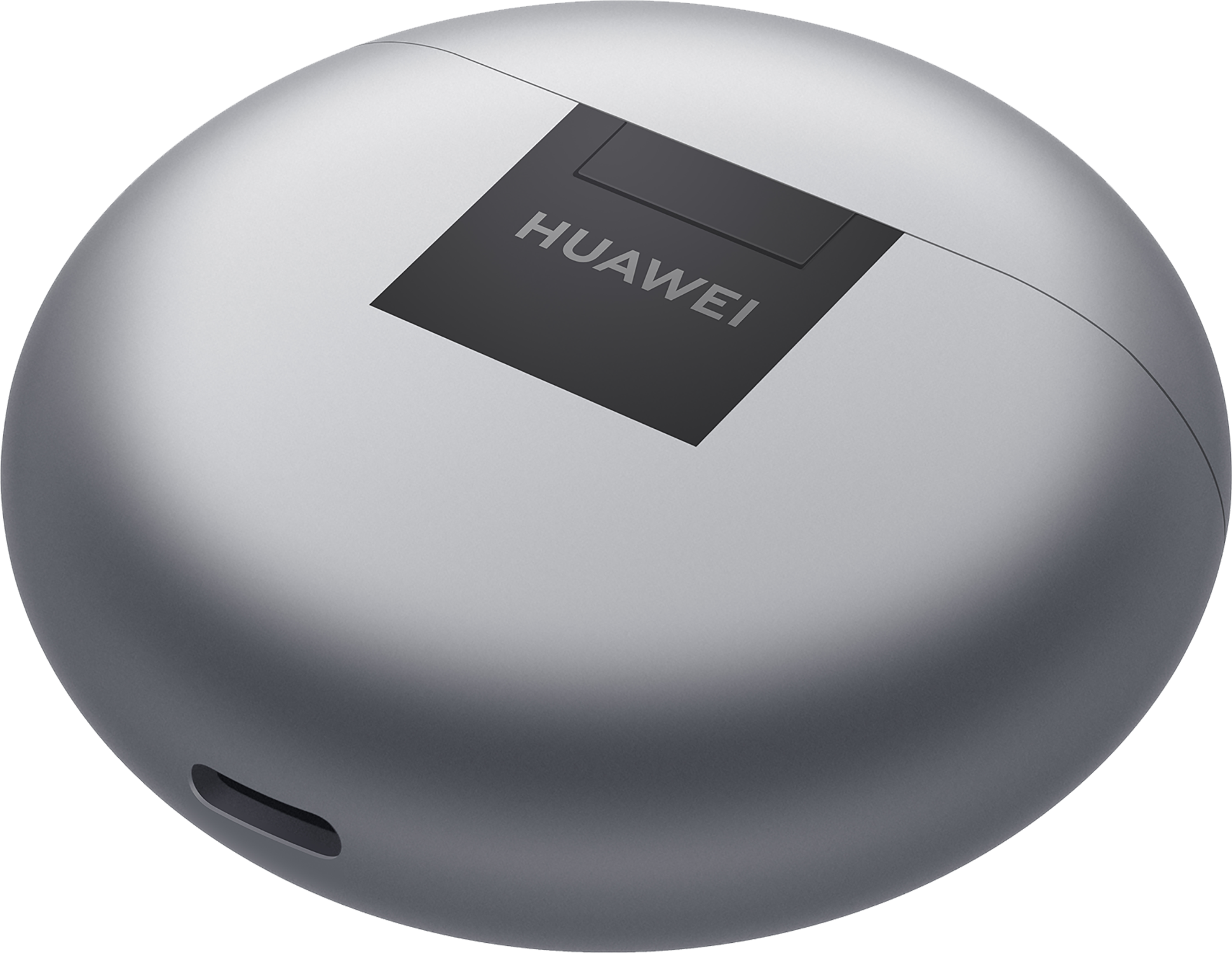 Una funda plateada y redondeada para auriculares con el logotipo de HUAWEI en la parte superior y un puerto en el lateral.