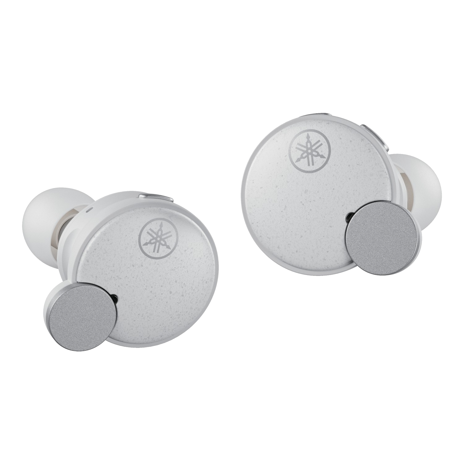 Dwa białe bezprzewodowe słuchawki z srebrnymi akcentami na czarnym tle.