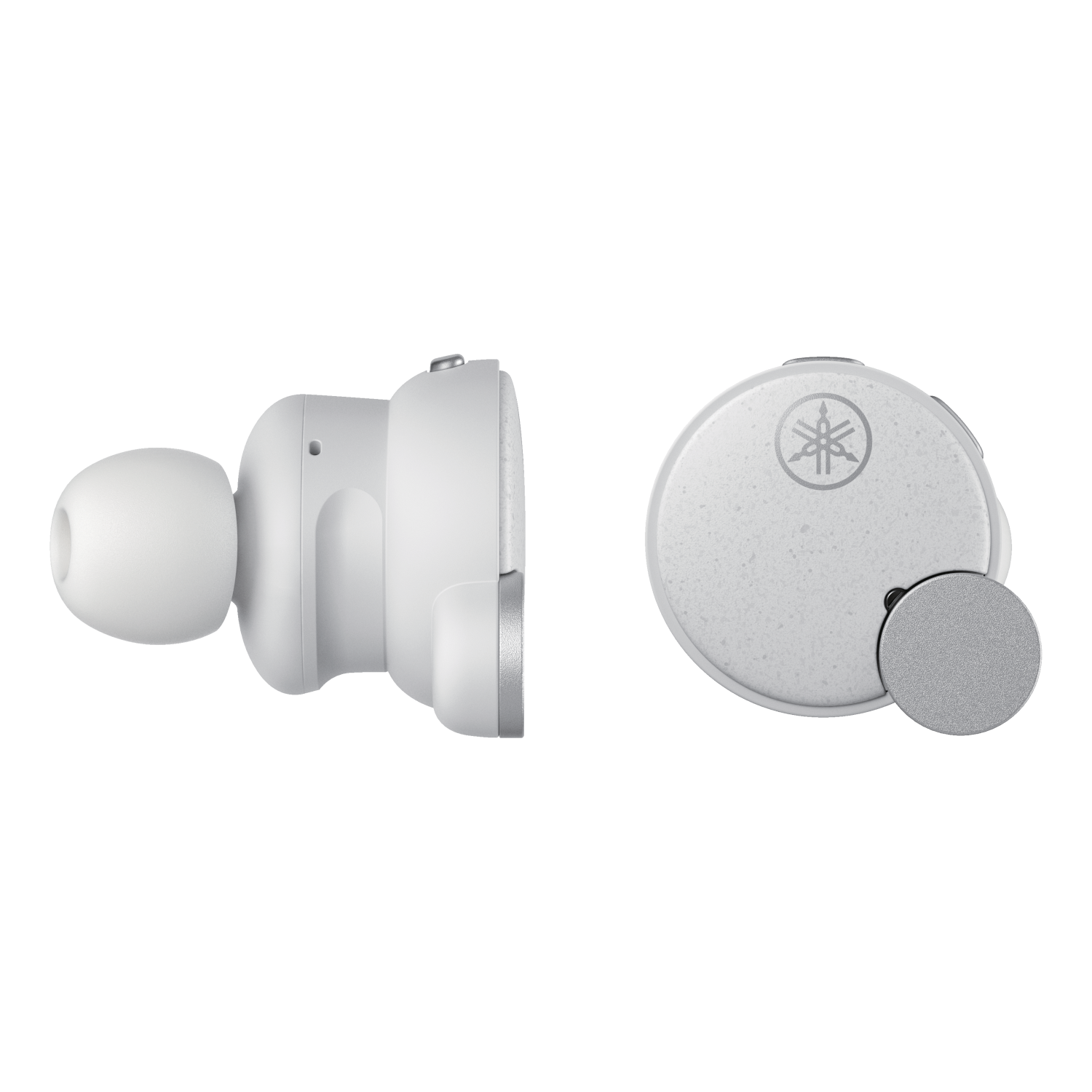 Dwa białe słuchawki douszne, jeden z profilu, drugi pokazujący okrągły wzór, na białym tle.