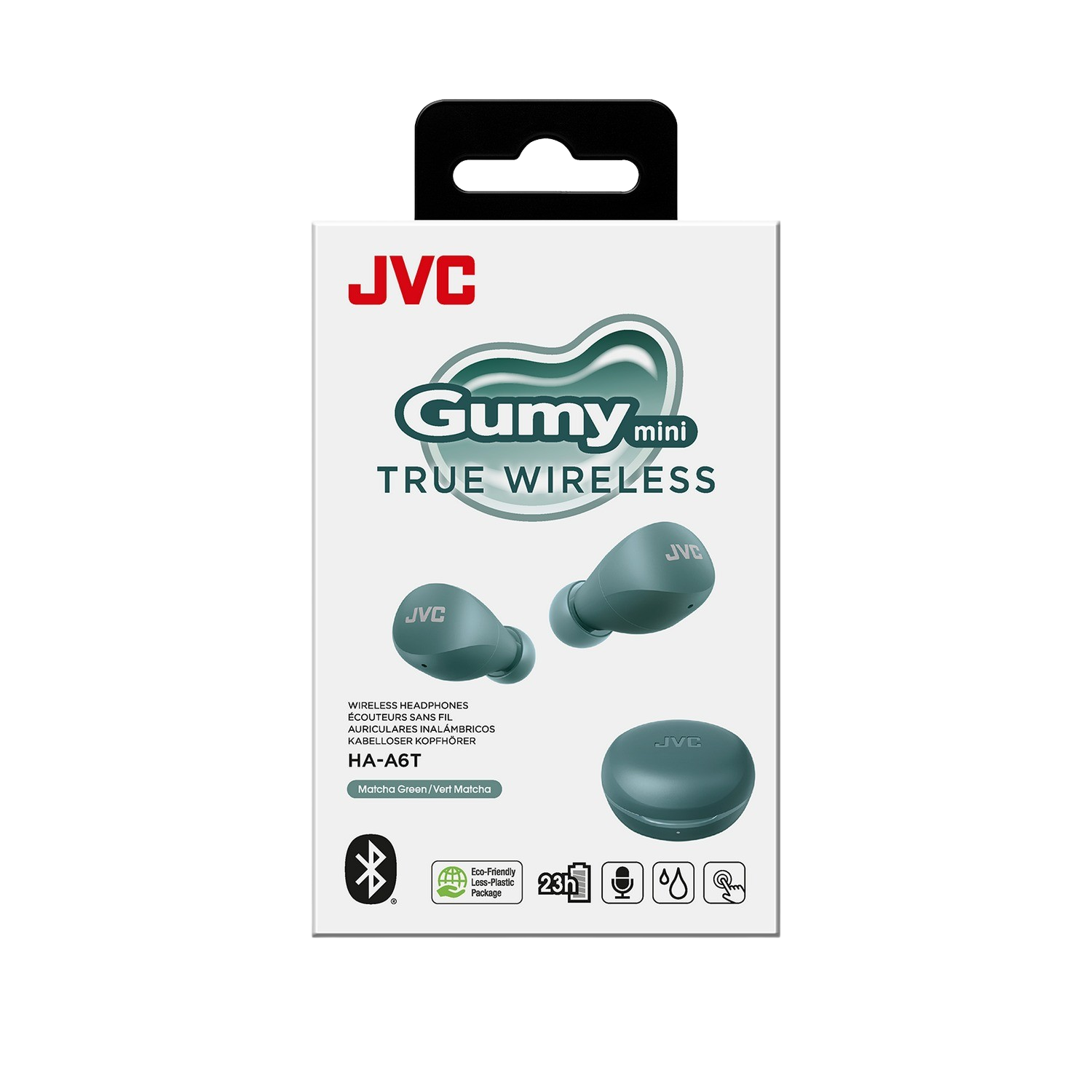 Eine Schachtel mit JVC Gumy Mini True Wireless-Ohrhörern, grün und weiß.