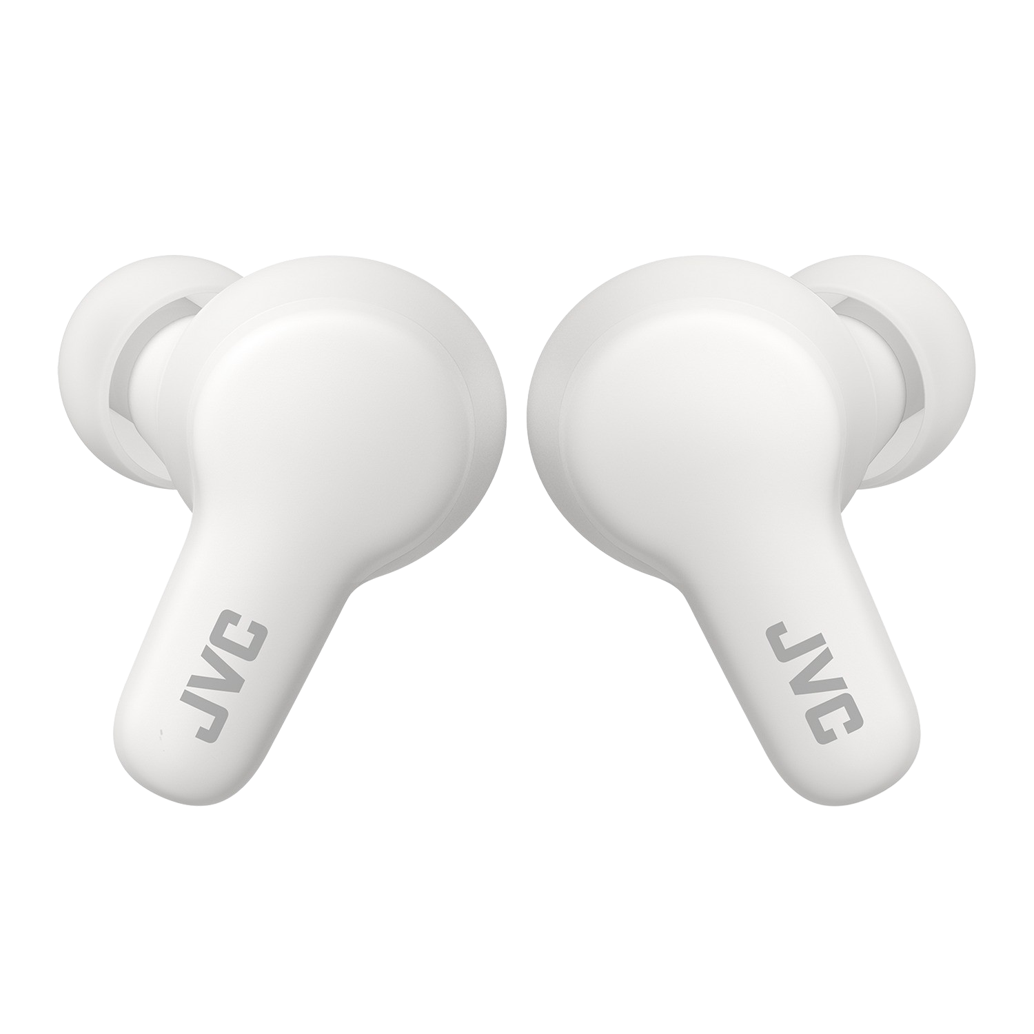Dos auriculares blancos con la impresión 'JVC'. Fondo blanco.