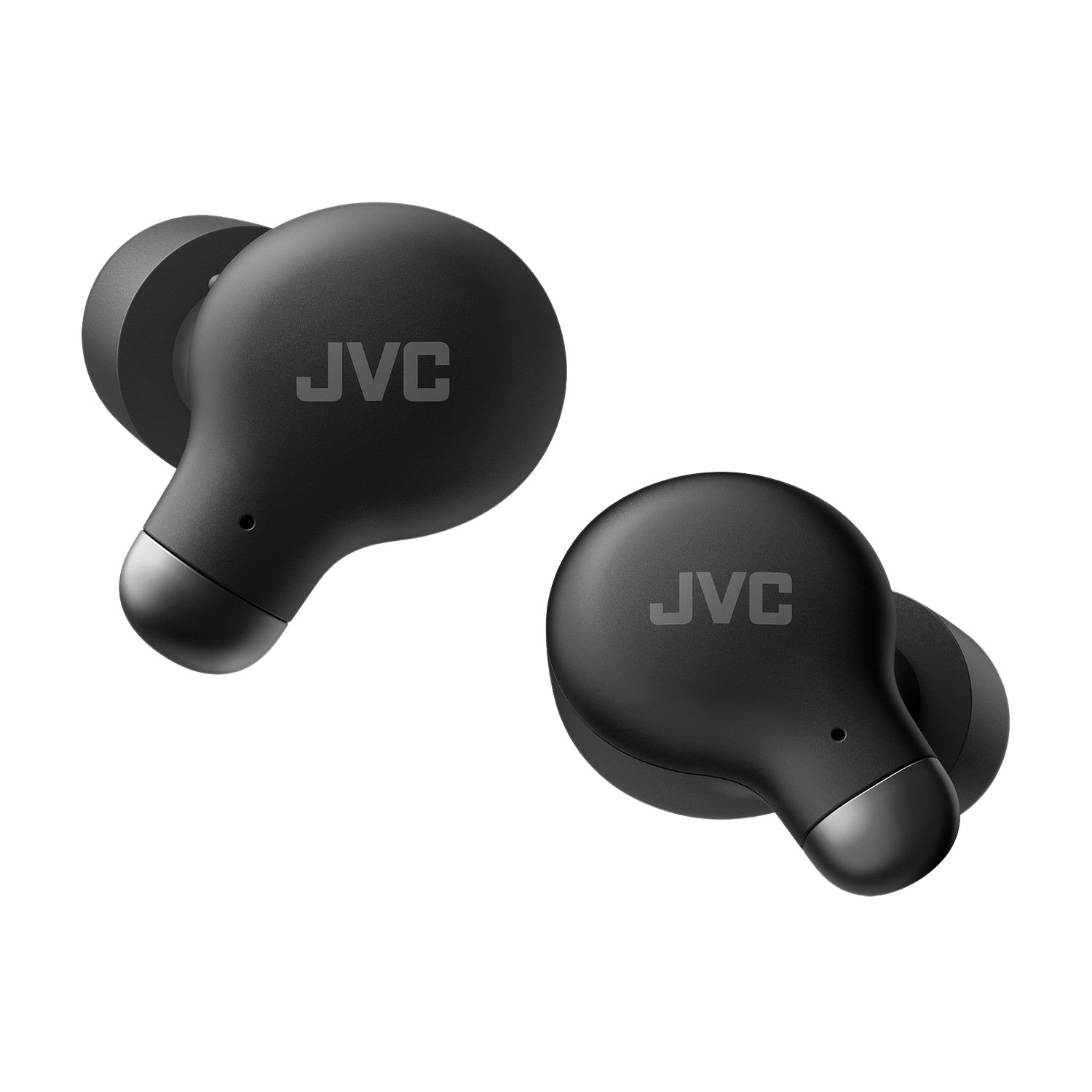 Ein Paar schwarze kabellose Ohrhörer mit dem 'JVC'-Logo. Sie befinden sich auf schwarzem Hintergrund.