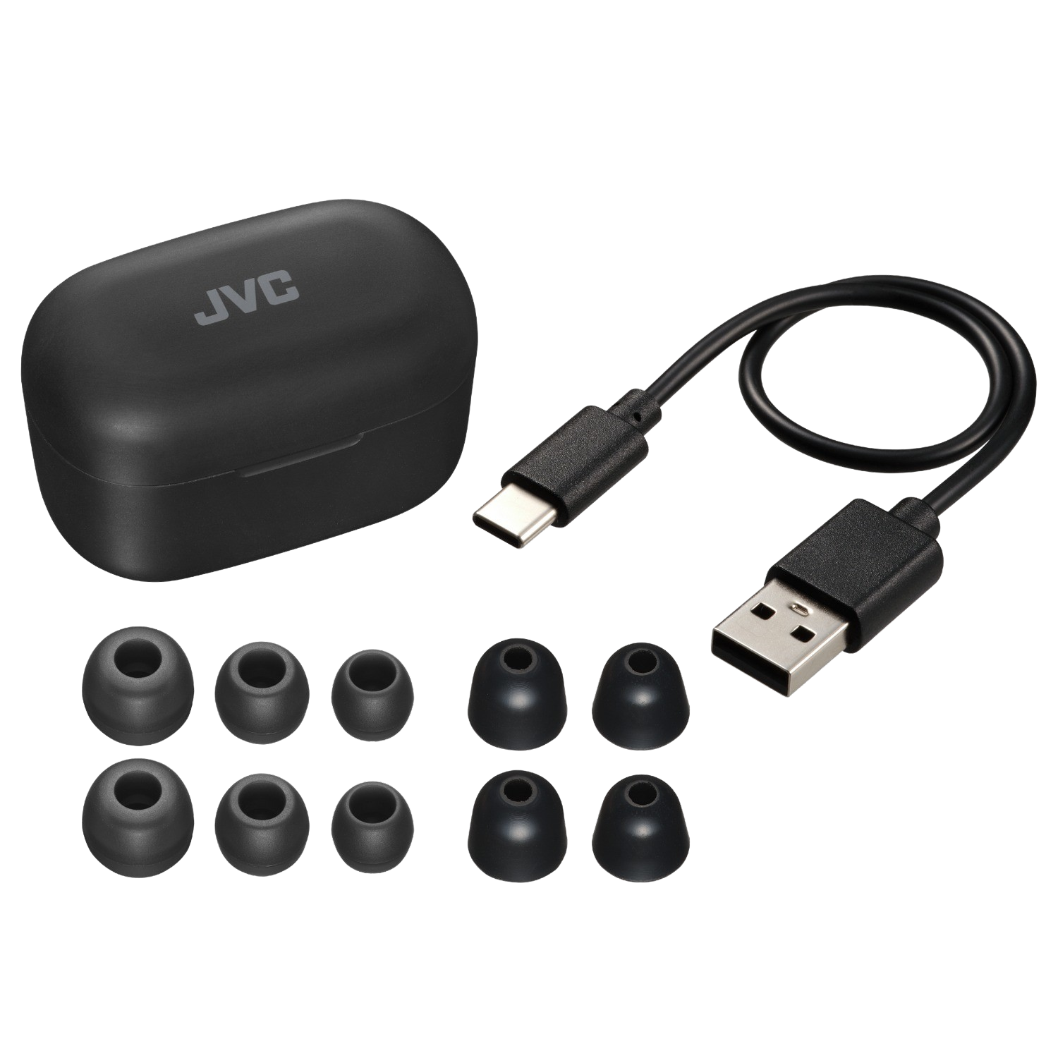Schwarzes Ohrhörer-Etui, Ohrhörer und Ladekabel. Die Marke ist JVC. Ohrhörer sind schwarz.