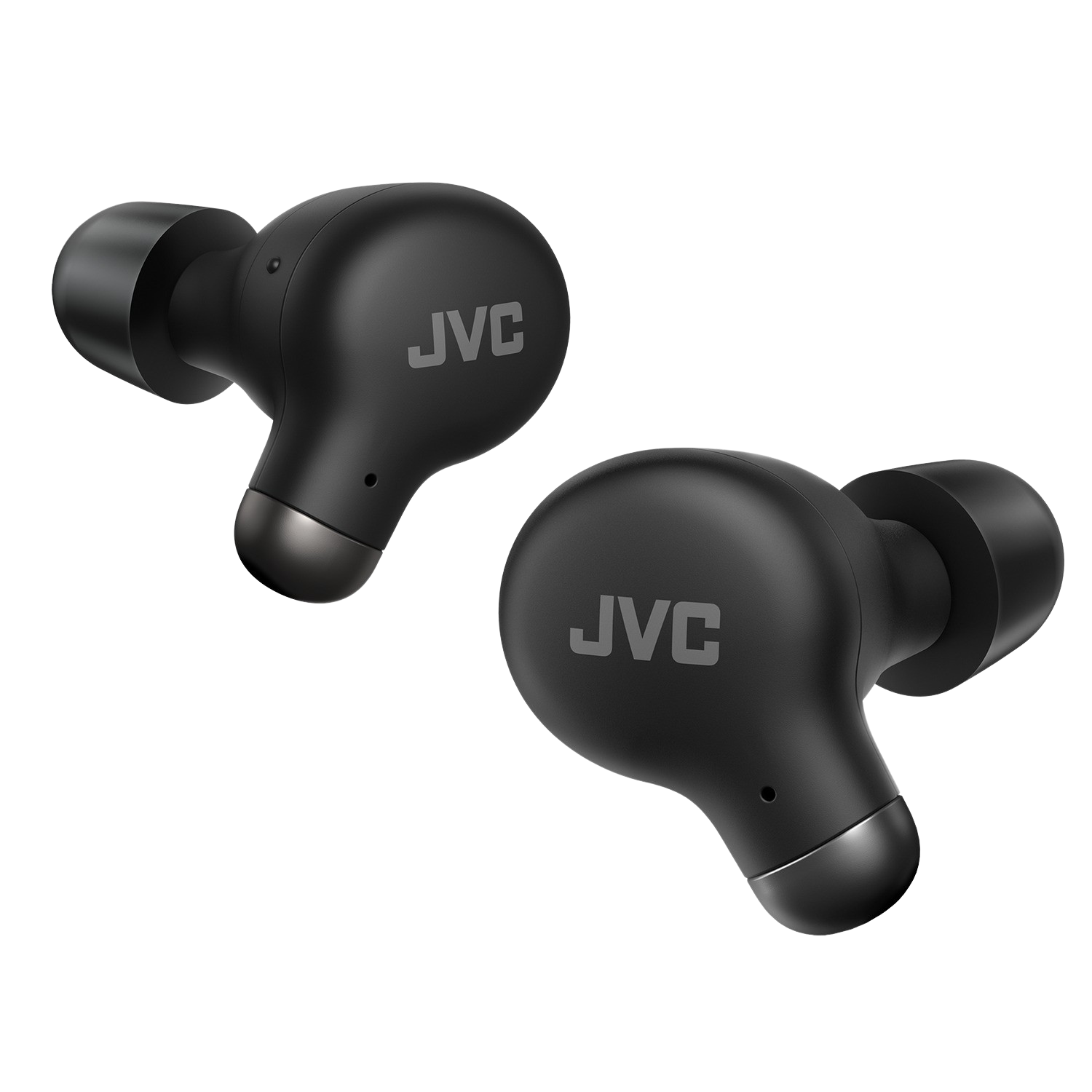 Paar schwarze JVC-Ohrhörer. Jeder Ohrhörer hat das JVC-Logo. Schwarzer Hintergrund.