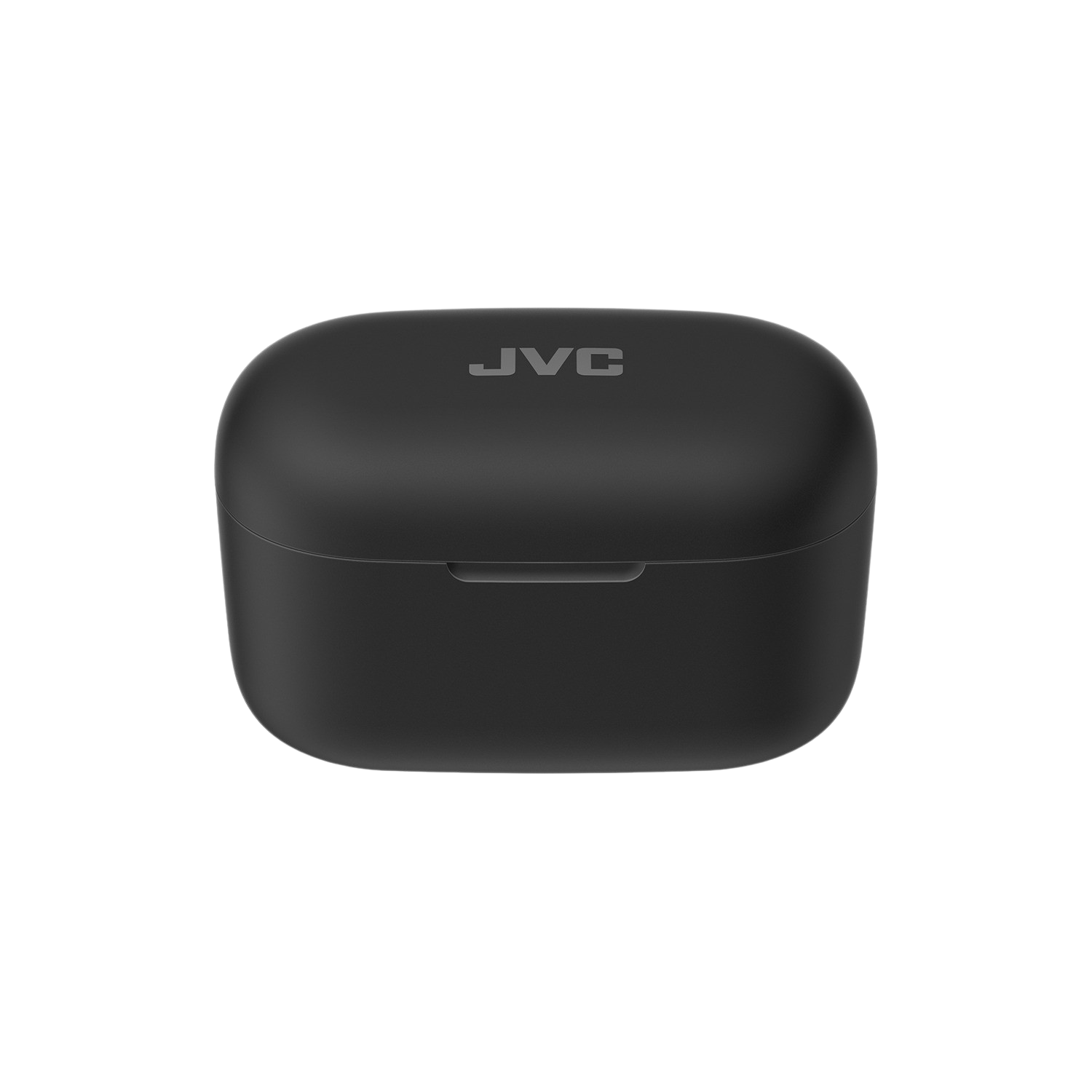 Schwarze JVC-Kopfhörerhülle auf schwarzem Hintergrund. JVC-Logo oben.