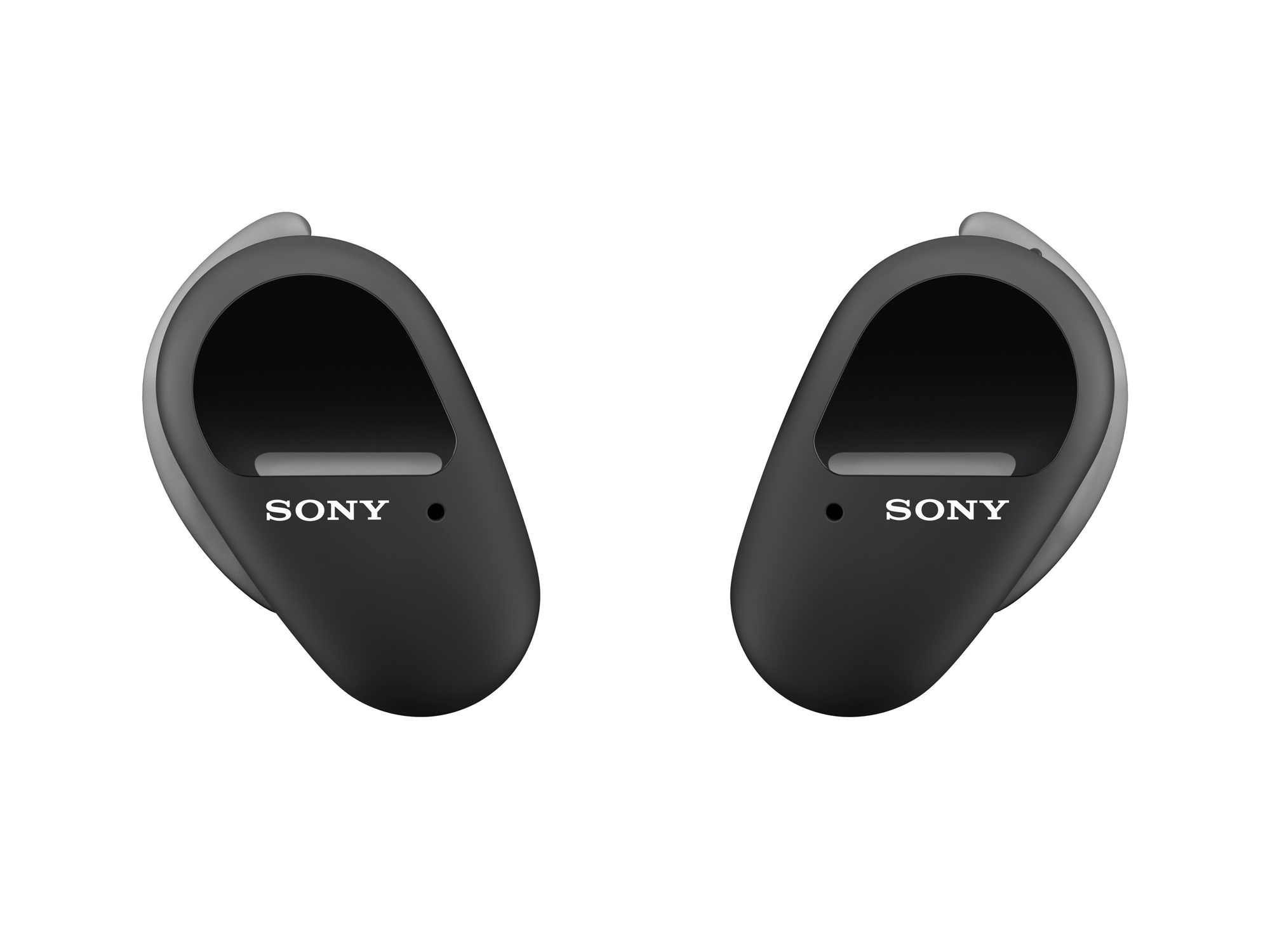 Due auricolari Sony neri. Gli auricolari sono su uno sfondo bianco.