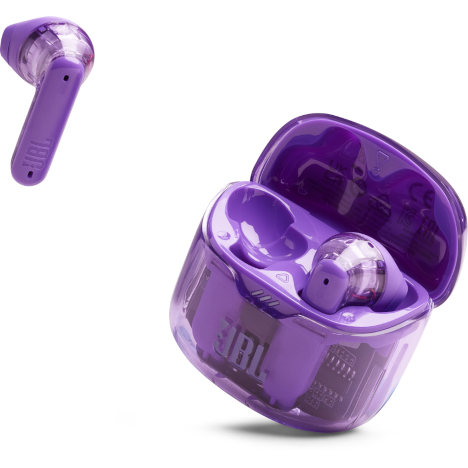 Para fioletowych bezprzewodowych słuchawek i ich przezroczyste etui ładujące. Widoczne logo JBL.