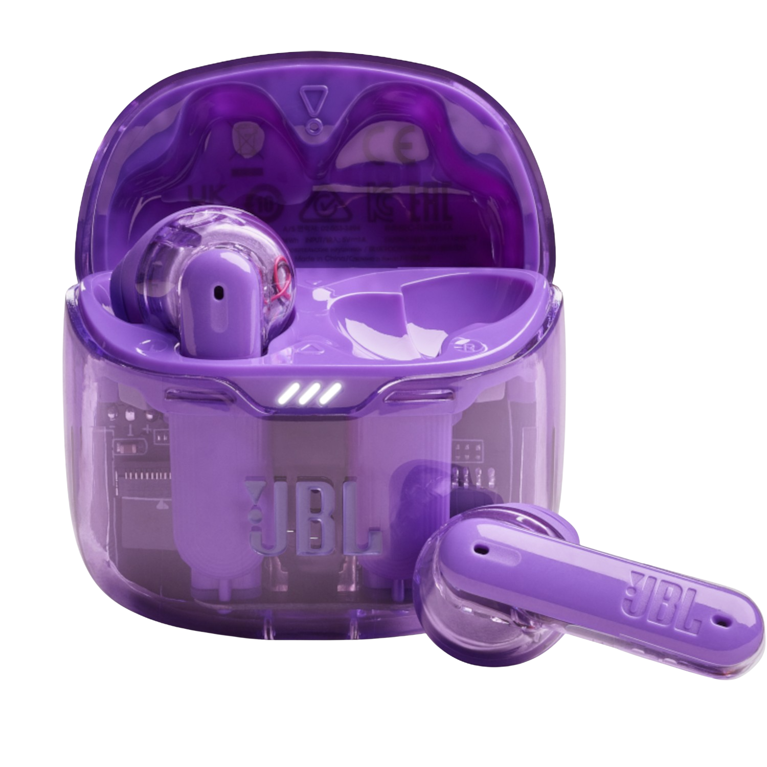 Fioletowe przezroczyste słuchawki JBL w etui ładującym.