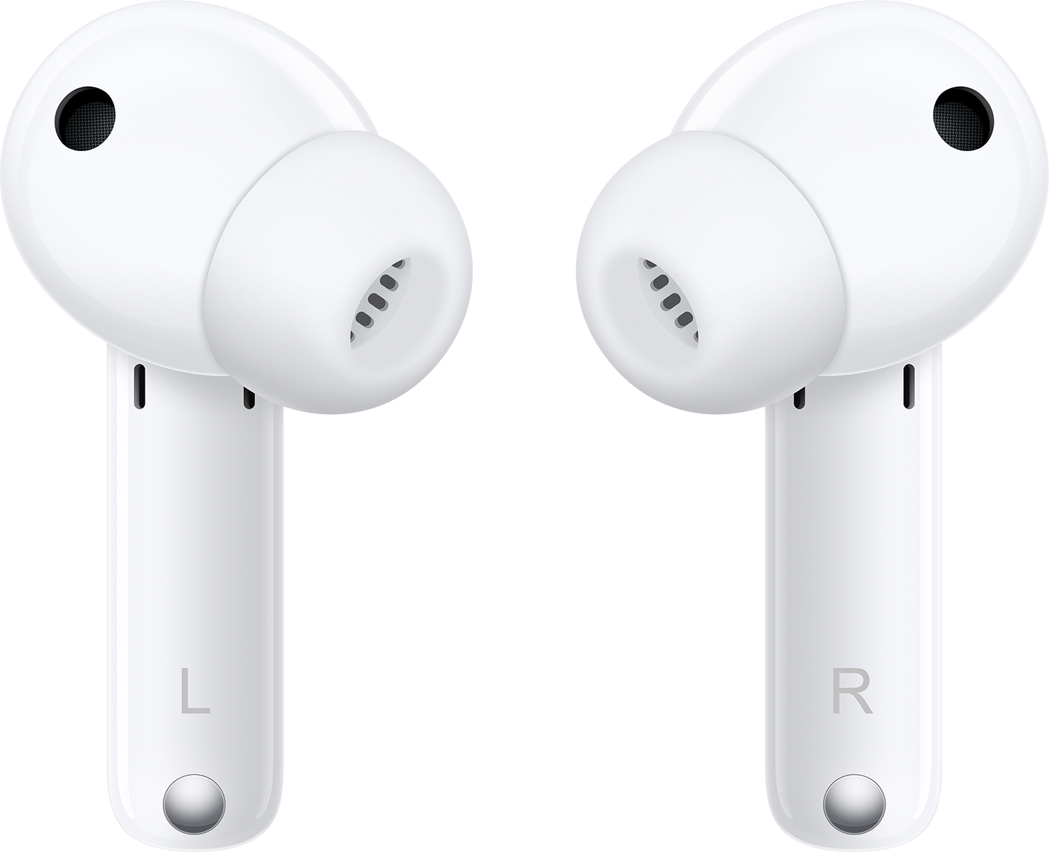Dwa białe bezprzewodowe słuchawki douszne. Lewa oznaczona 'L', a prawa 'R'.