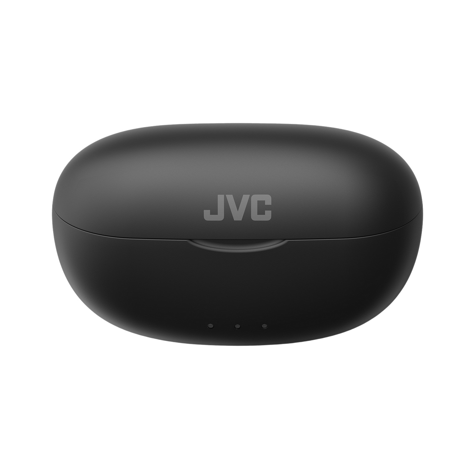 Zamknięte czarne etui na słuchawki JVC z logo JVC. Trzy kontrolki na dole.