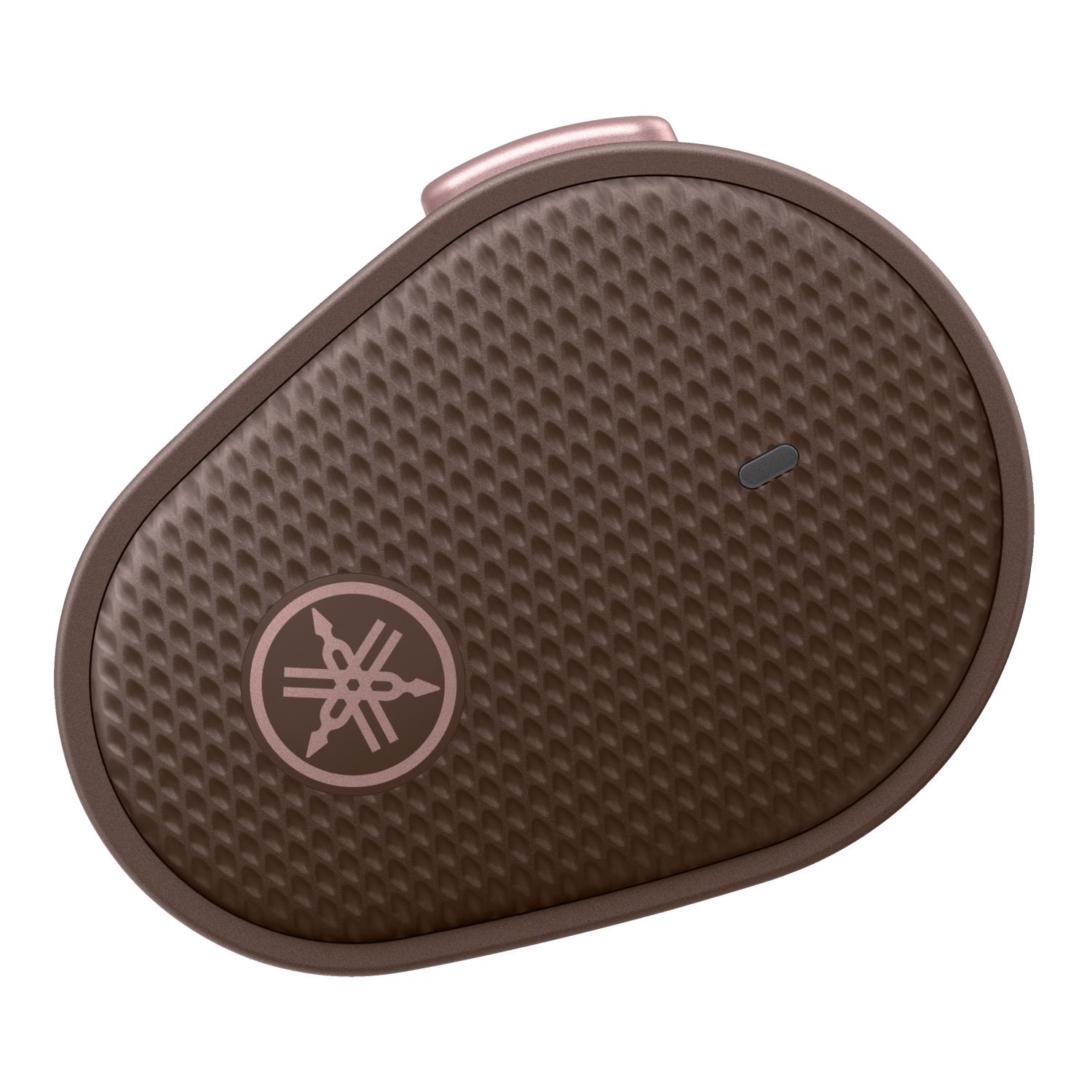 Eine braune Yamaha-Ohrhörerhülle, strukturiert mit dem Yamaha-Logo in Rosa. Es hat einen kleinen Knopf.