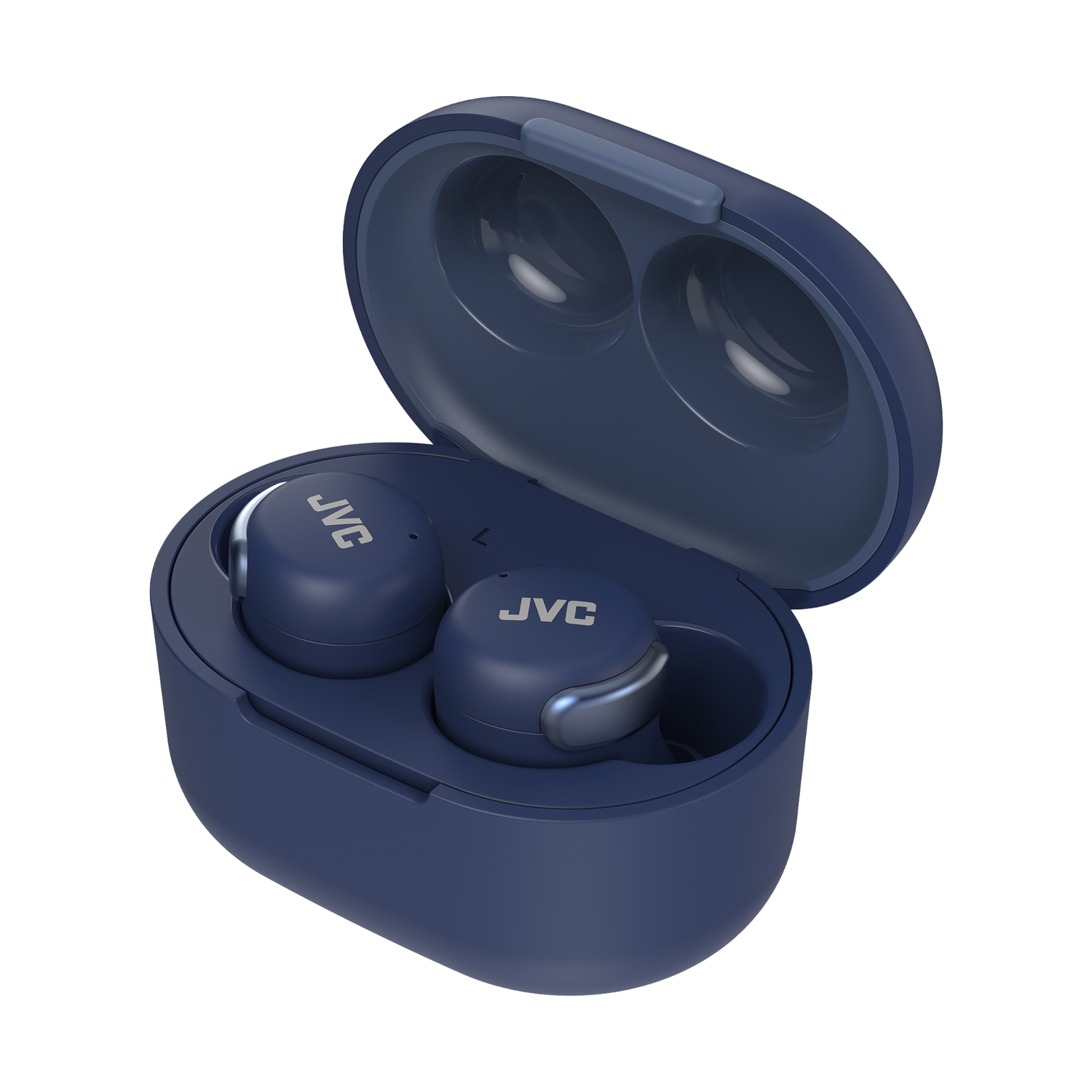 Blauwe oortelefoons in een blauwe oplaadcase, open. Het JVC-logo staat op de oortelefoons.