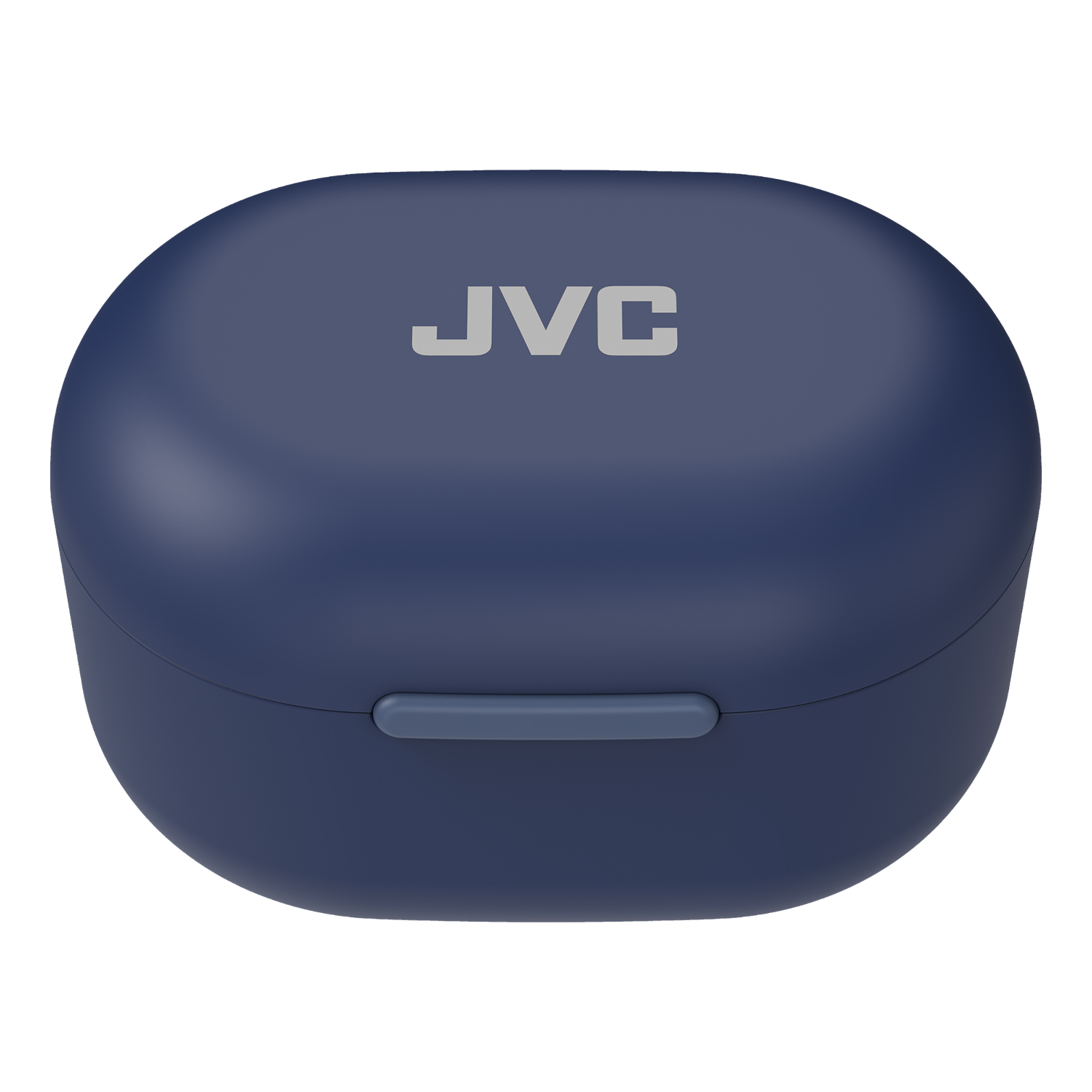 Blauwe JVC oplaadcase voor oordopjes met een deurtje en JVC-logo.