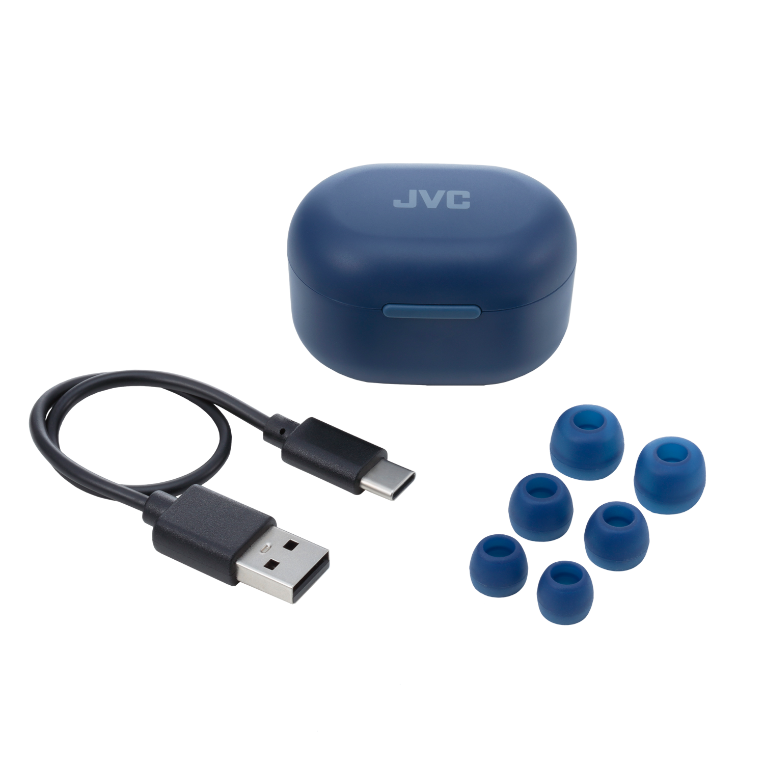 Donkerblauwe oordopjes met een oplaadcase, kabel en extra oortips.