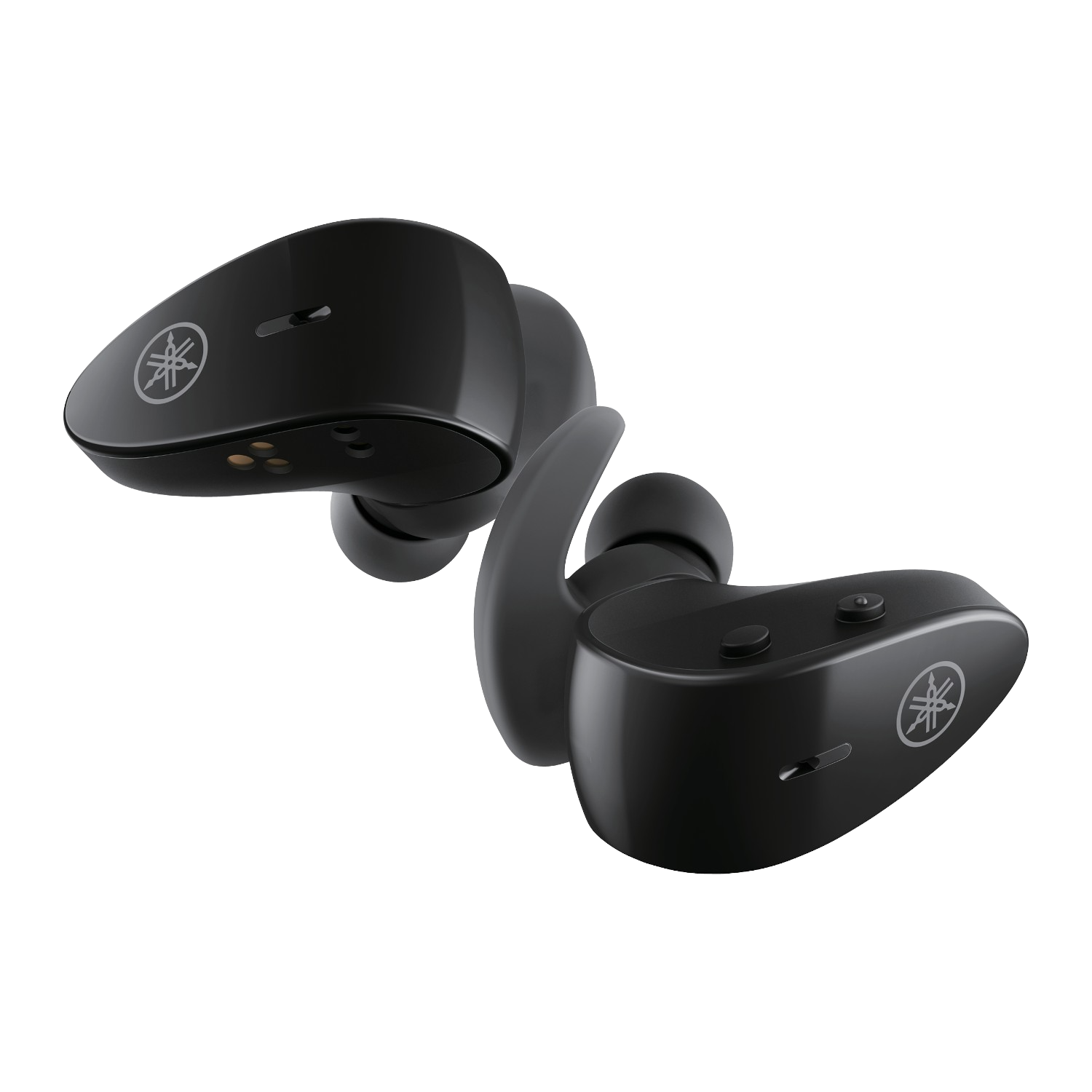 Dos auriculares negros con el logo plateado de Yamaha. Fondo negro. Auriculares en ángulo.