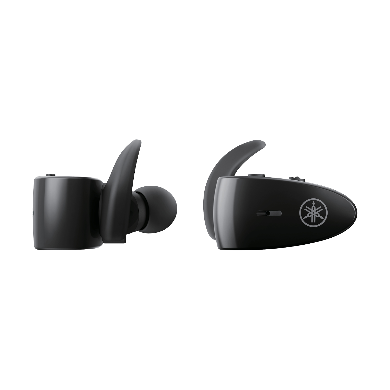 Dos auriculares inalámbricos negros, con un logotipo de Yamaha en uno.