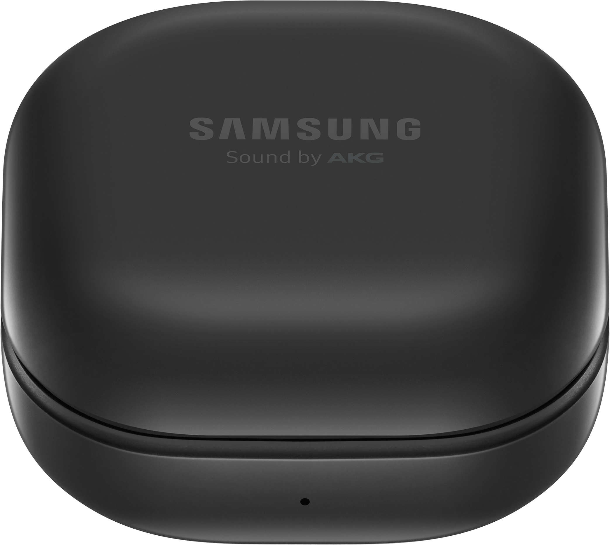 Un estuche de carga negro y redondeado con el logo de Samsung.