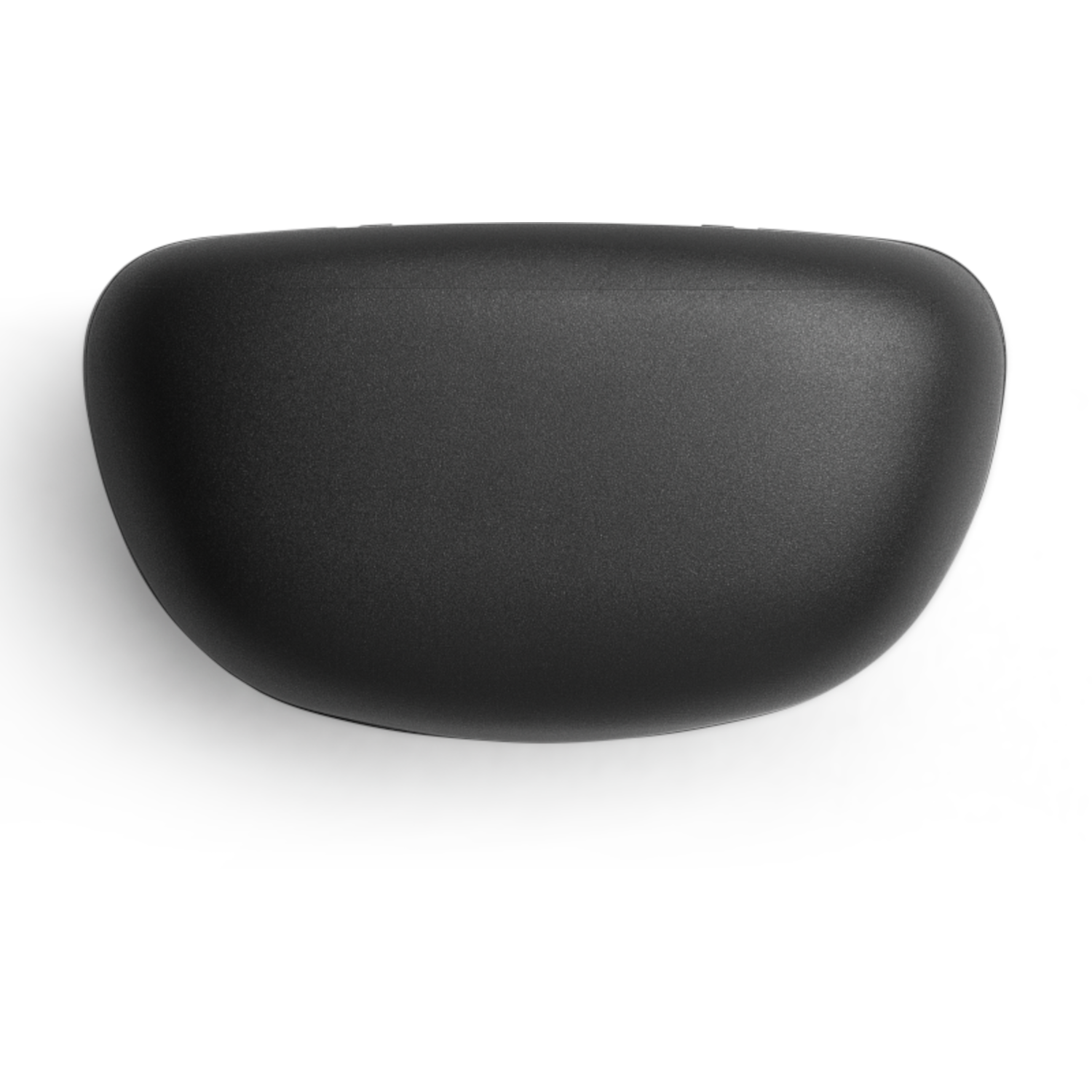 Czarne etui na słuchawki. Gładki, zaokrąglony kształt. Widok z góry na białym tle.