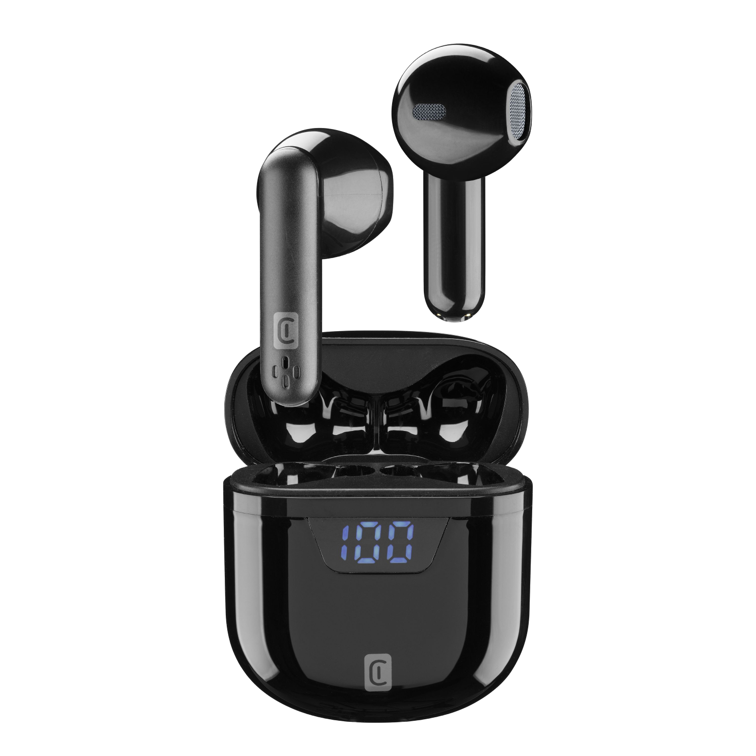 Auricolari wireless neri e custodia di ricarica con display, isolati.