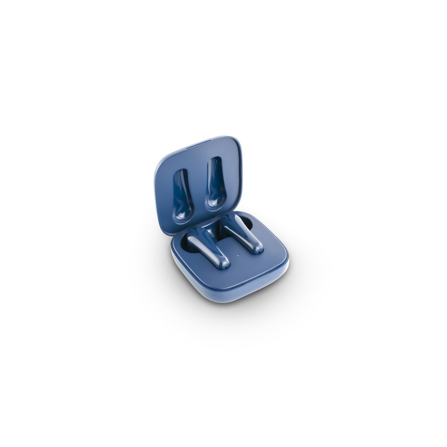 Blue earbuds in a blue charging case, on a white background.