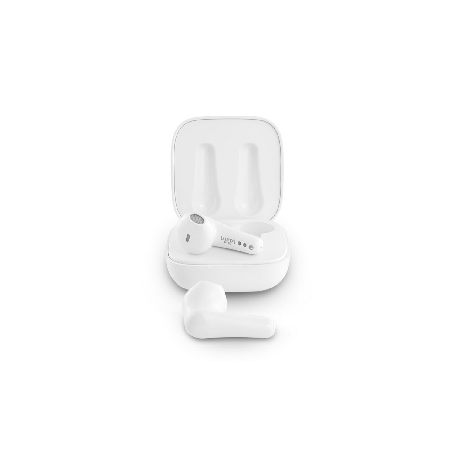 White wireless earbuds with charging case, one earbud out of the case. White background.